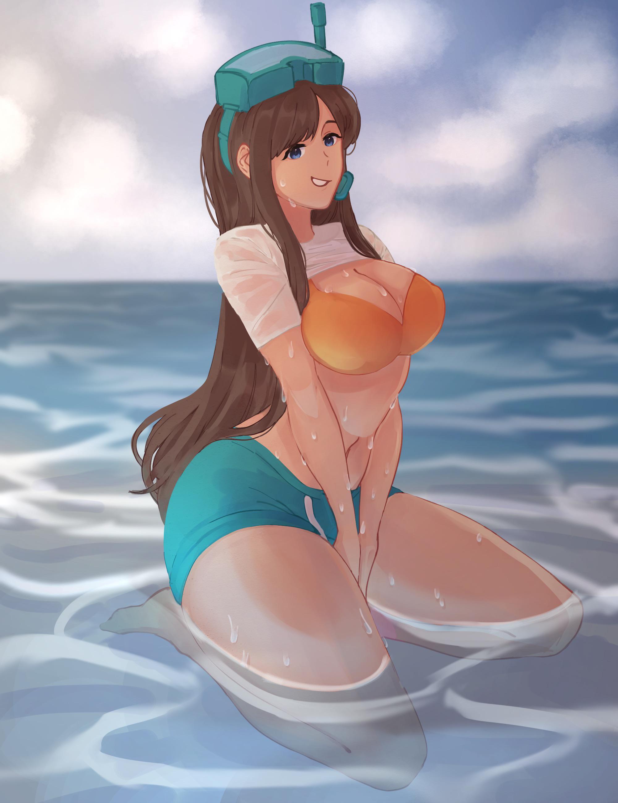 1girls, beach, breasts, brown hair, catsupcaprisun, female, goggles, hypixel, hypixel skyblock, marina (hypixel skyblock), medium breasts, minecraft, orange bra, shorts, suggestive, suggestive look, thick thighs, wet clothes