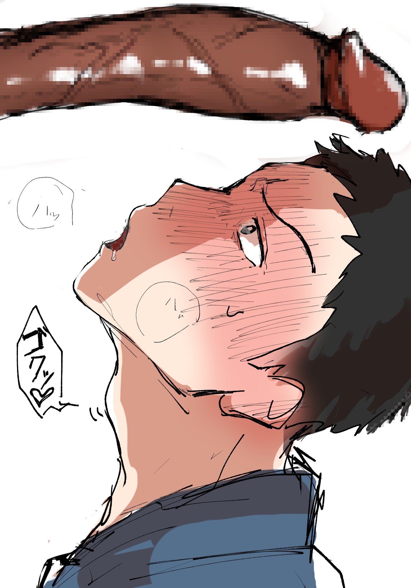 big penis, black hair, black penis, blue eyes, blush, drool, drooling, embarrassed, gay, gojou wakana, horny, light skin, long penis, male, male only, male/male, open mouth, penis, shi46, short hair, sono bisque doll wa koi wo suru, text, veins, veiny penis, yaoi