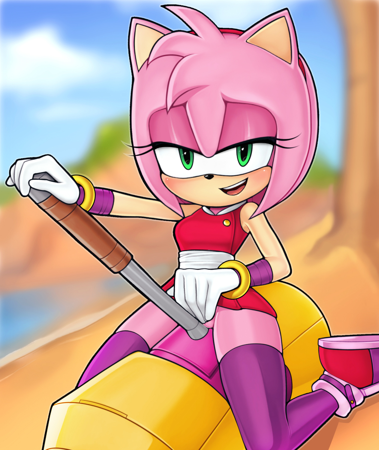amy rose, amy rose (boom), anthro, anthro only, blush, bottomless, crotch rub, female, green eyes, hammer, humping, loodncrood, looking at viewer, masturbation, no panties, pink fur, pussy, rubbing pussy, sonic (series), sonic boom, thighhighs