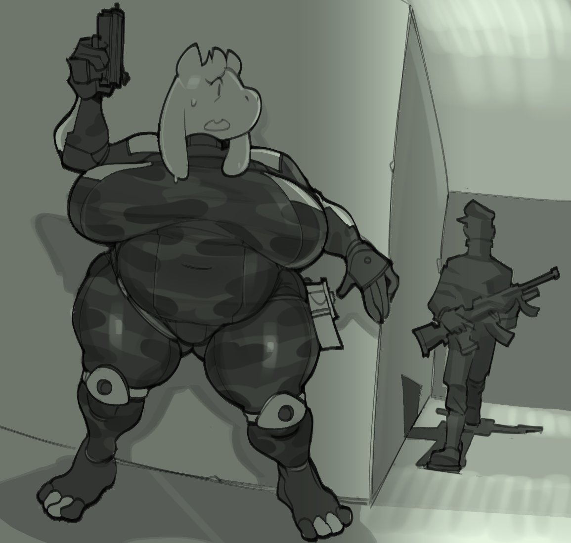 1boy, 1girls, alternate costume, bodysuit, breasts, chubby, female, furry, gun, horns, large breasts, male, milf, nervous, submarine screw, toriel, undertale, weapon