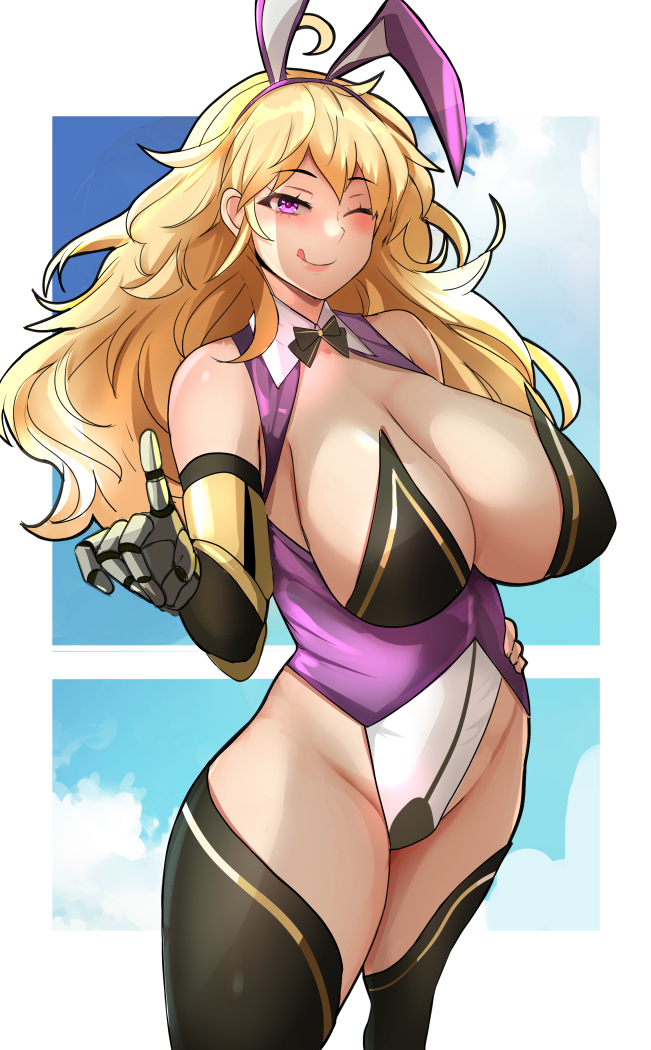 :p, 1girls, bare thighs, blonde hair, breasts, bunny ears, bunny girl, bunnysuit, cleavage, female, female only, gloves, heart-shaped pupils, inner thighs, lainart, large breasts, leotard, licking lips, long hair, naughty face, purple eyes, purple hair, robotic arm, rwby, sideboob, solo, thick thighs, thighhighs, thighs, yang xiao long