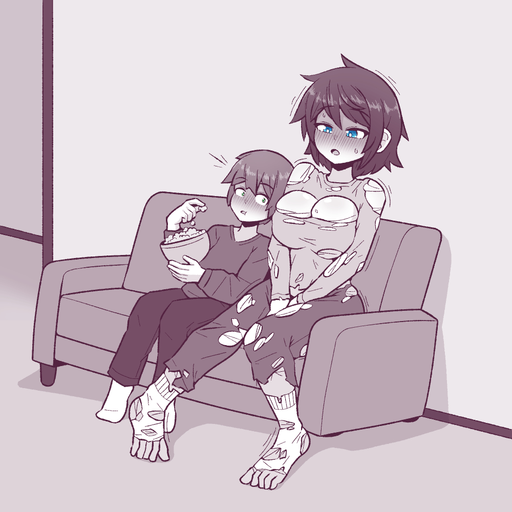 1boy, 1girls, breast expansion, breast growth, breast growth (enlargement), breasts, cleavage, clothing, female, giantess, growth, huge breasts, inksgirls, larger female, male, monochrome, size difference, smaller male, tomboy, torn clothes