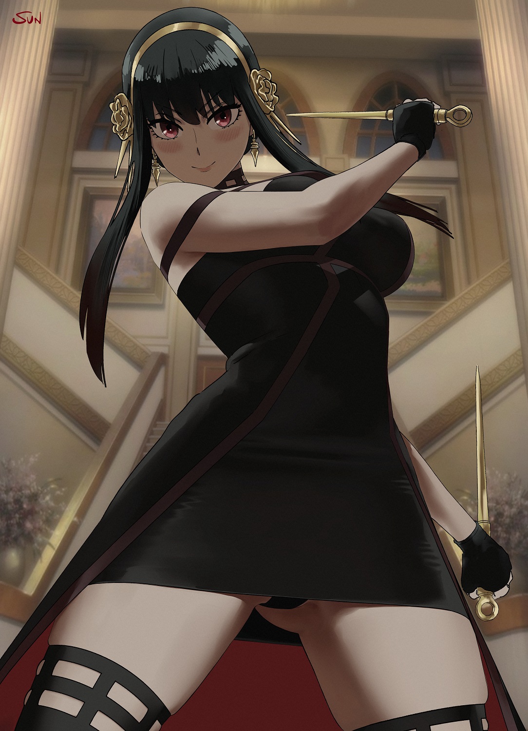 1girls, assassin, black hair, breasts, cute face, dress, female, female only, legs, panties, red eyes, solo, spy x family, stiletto (weapon), stockings, sunfanart, thorn princess, weapon, yor briar