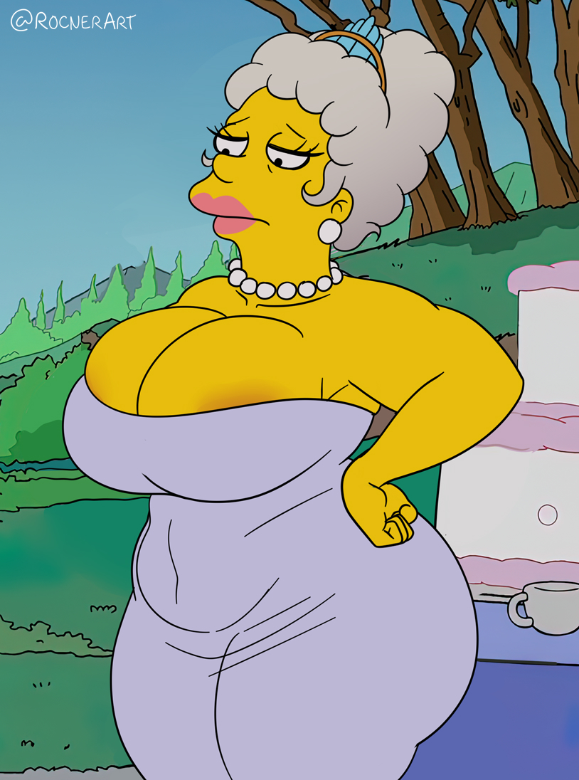 1girls, 20th century studios, accurate art style, big breasts, breasts, cleavage, earrings, female, female only, grey hair, hand on hip, massive breasts, mature, mature female, rocner, the simpsons, tight clothing, tight dress, voluptuous, wide hips, yellow body, yellow skin
