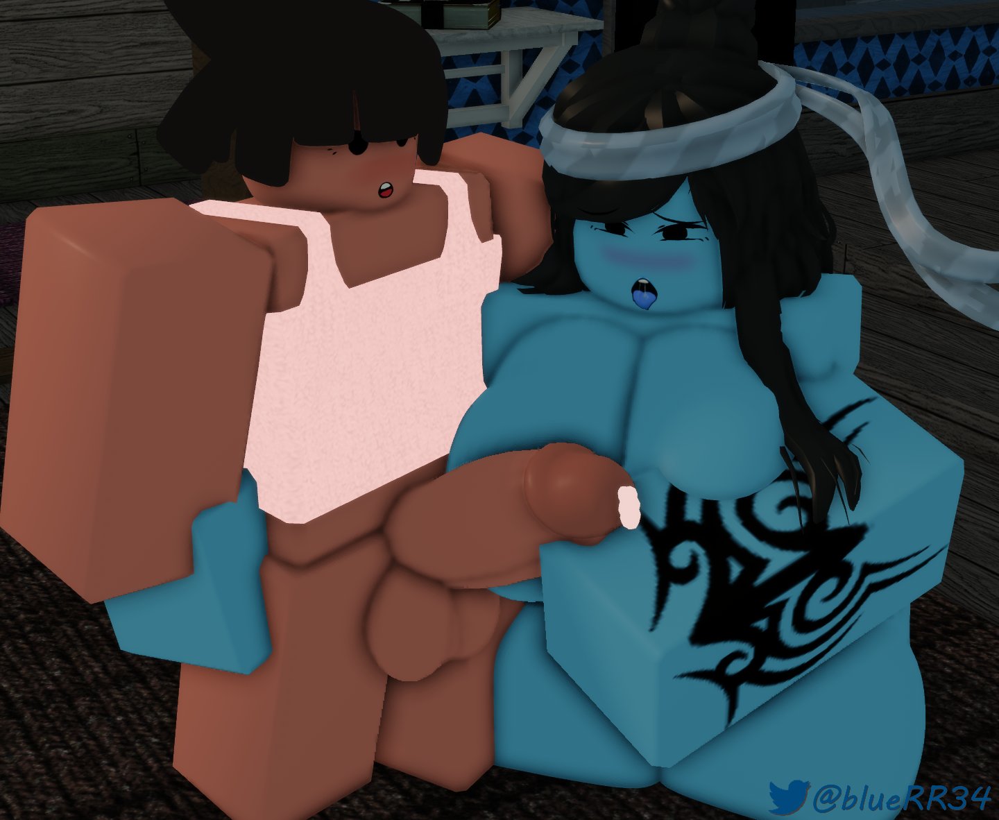 1boy, 1girls, 3d, assisted masturbation, balls, big breasts, big penis, black eyes, black hair, blue skin, blue tongue, bluerr34, blush, bottomless, bottomless male, breasts, completely nude, cum, female, handjob, headband, indoors, long hair, looking at penis, looking down, male, male/female, masturbation, minus8 (character), mob face, nude, nude female, on knees, open mouth, original character, partially clothed, partially clothed male, penis, precum, roblox, robloxian, room, saliva, saliva string, shiram, short hair, size difference, smaller male, standing, straight, taller female, tan skin, tank top, tattoo, tattooed arm, tongue, tongue out, twitter username, white tank top
