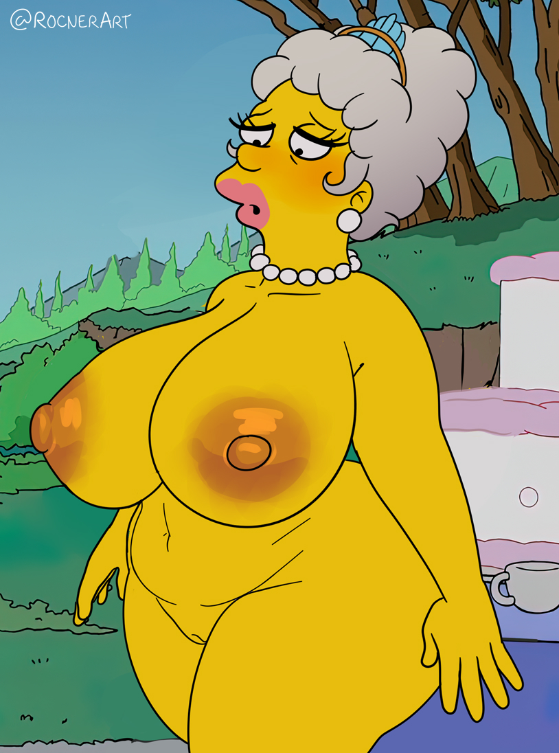 1girls, 20th century studios, accurate art style, areolae, big areola, big breasts, big nipples, blush, breasts, cake, completely nude, erect nipples, eyelashes, female, female focus, female only, grey hair, huge breasts, massive breasts, mature, mature female, naked, necklace, nipples, nude, pearl necklace, pussy, rocner, shaved pussy, standing, the simpsons, thick legs, thick thighs, voluptuous, wide hips, yellow body, yellow nipples, yellow skin