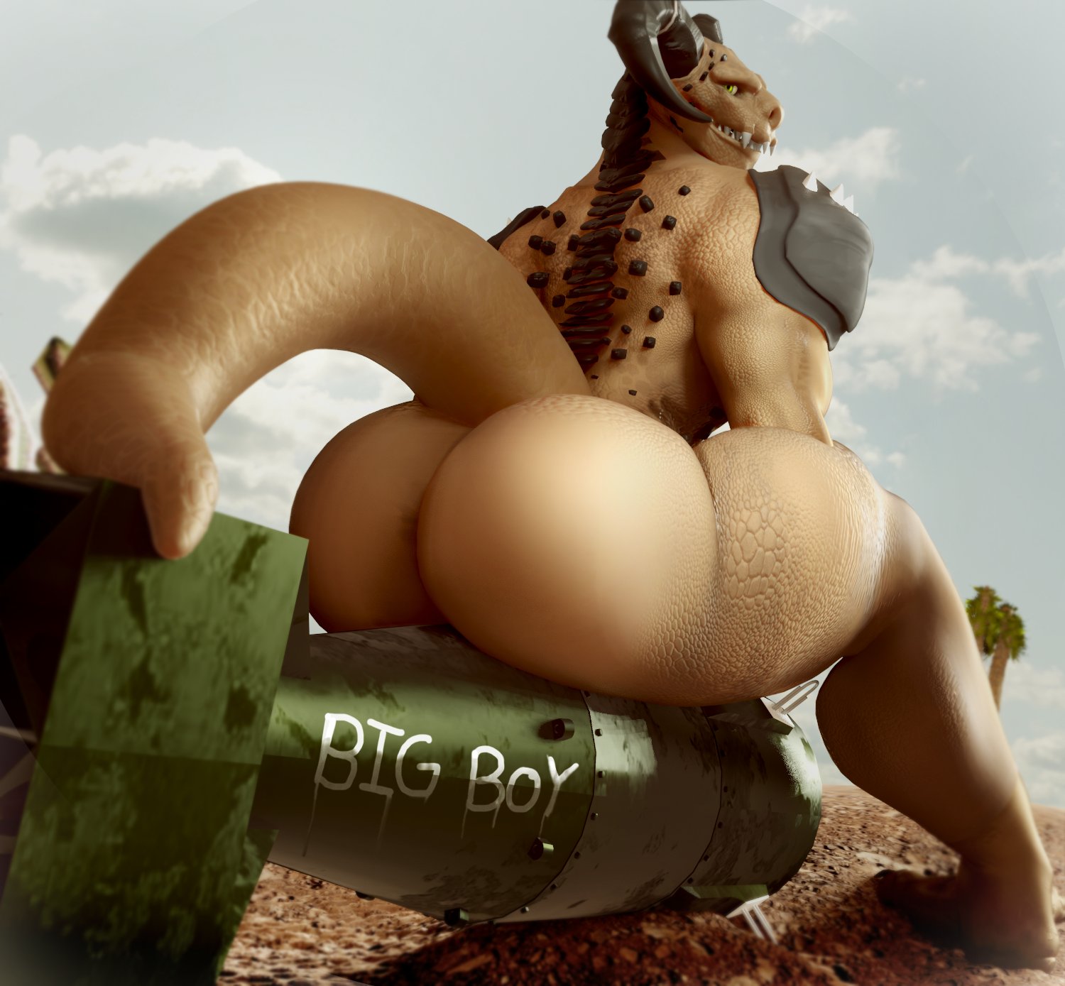 3d, 3d (artwork), anthro, ass, bethesda softworks, big ass, big ass (male), big butt, brown body, deathclaw, fallout, fallout 4, fangs, gay, hi res, horns, huge ass, huge butt, long tail, looking at viewer, looking back, male, male anthro, male focus, male only, moreuselesssource, moreuselesssource (artist), muscular, muscular male, nude, presenting ass, sitting, solo, thick ass monster