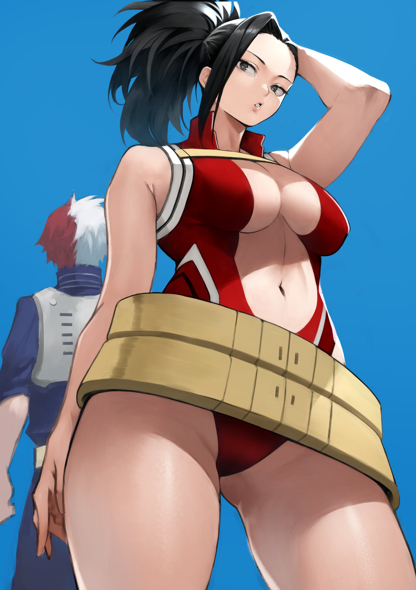 1boy, 1girls, black hair, black-haired female, breasts, female, hero outfit (mha), human, human female, inner sideboob, large breasts, leotard, light-skinned female, male, medium breasts, momo yaoyorozu, momo yaoyorozu (hero outfit), my hero academia, navel, red hair, revealing clothes, short hair, shouto todoroki, slim waist, superheroine, thick thighs, white hair, wide hips, yoshi55level