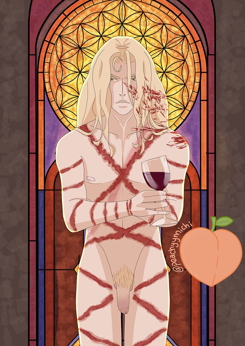 adonis_belt alucard_(castlevania) angry angry_eyes areolae barely_visible_balls belly_button biceps blonde_hair blonde_pubic_hair blood_stain castlevania castlevania_(netflix) collarbone completely_naked completely_nude_male crossed_legs dhampir digital_media_(artwork) drinking drinking_wine flaccid_penis full_color glass_cup goth goth_boy injured laceration long_hair_male male_only man_boobs michi_(artist) muscular_male nipples partially_retracted_foreskin penis pubes pubic_hair red_wine scars_all_over solo_focus solo_male stained_glass_window twunk uncensored uncircumcised uncut urethra vampire wine wine_glass yellow_eyes