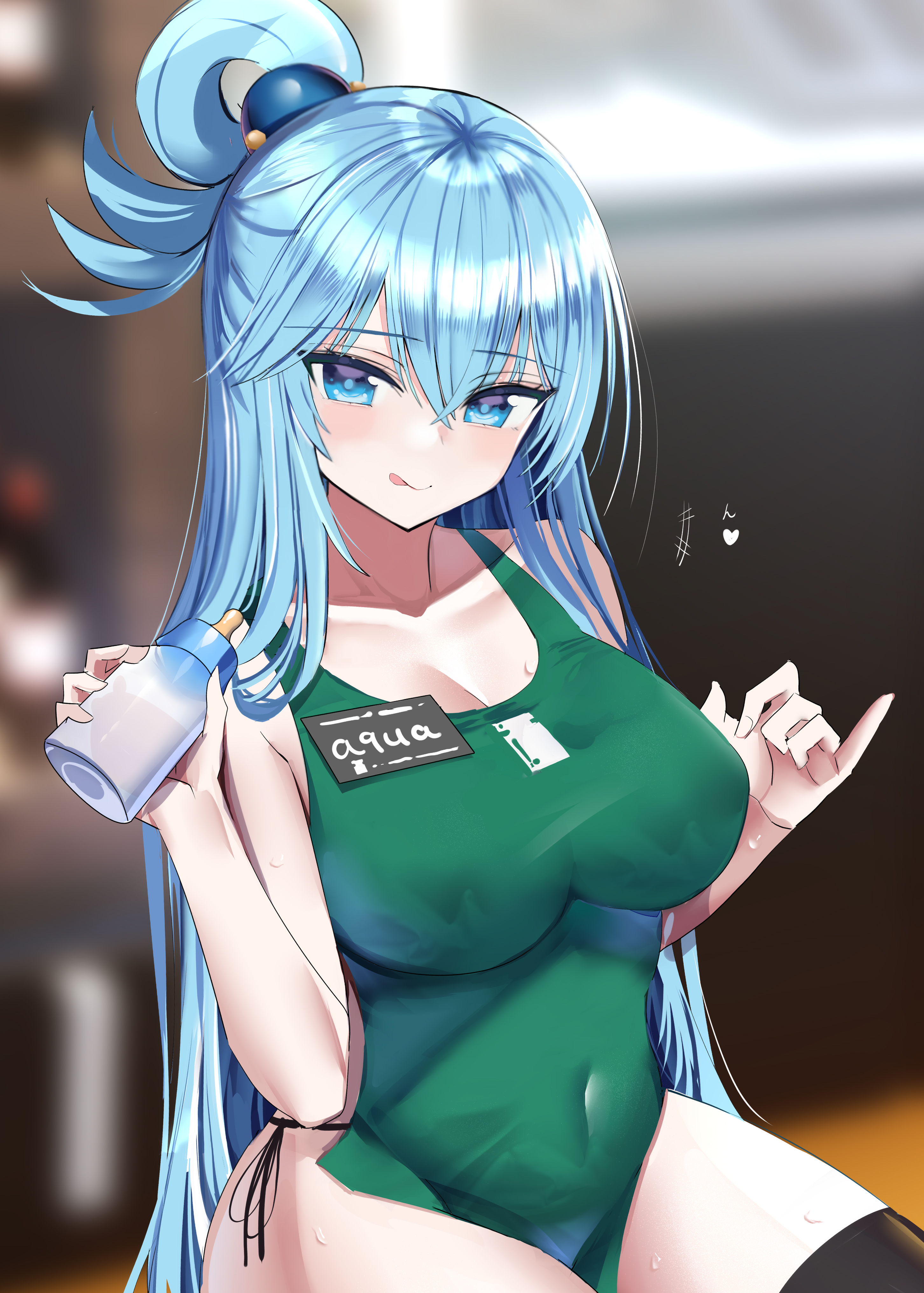 1girls, absurd res, adamant369, apron, aqua (konosuba), blue eyes, blue hair, cafe, female, female only, hanasaka houcha, hi res, kono subarashii sekai ni shukufuku wo!, licking lips, looking at viewer, naked apron, panties, solo, thick thighs, thighhighs, thighs, wide hips