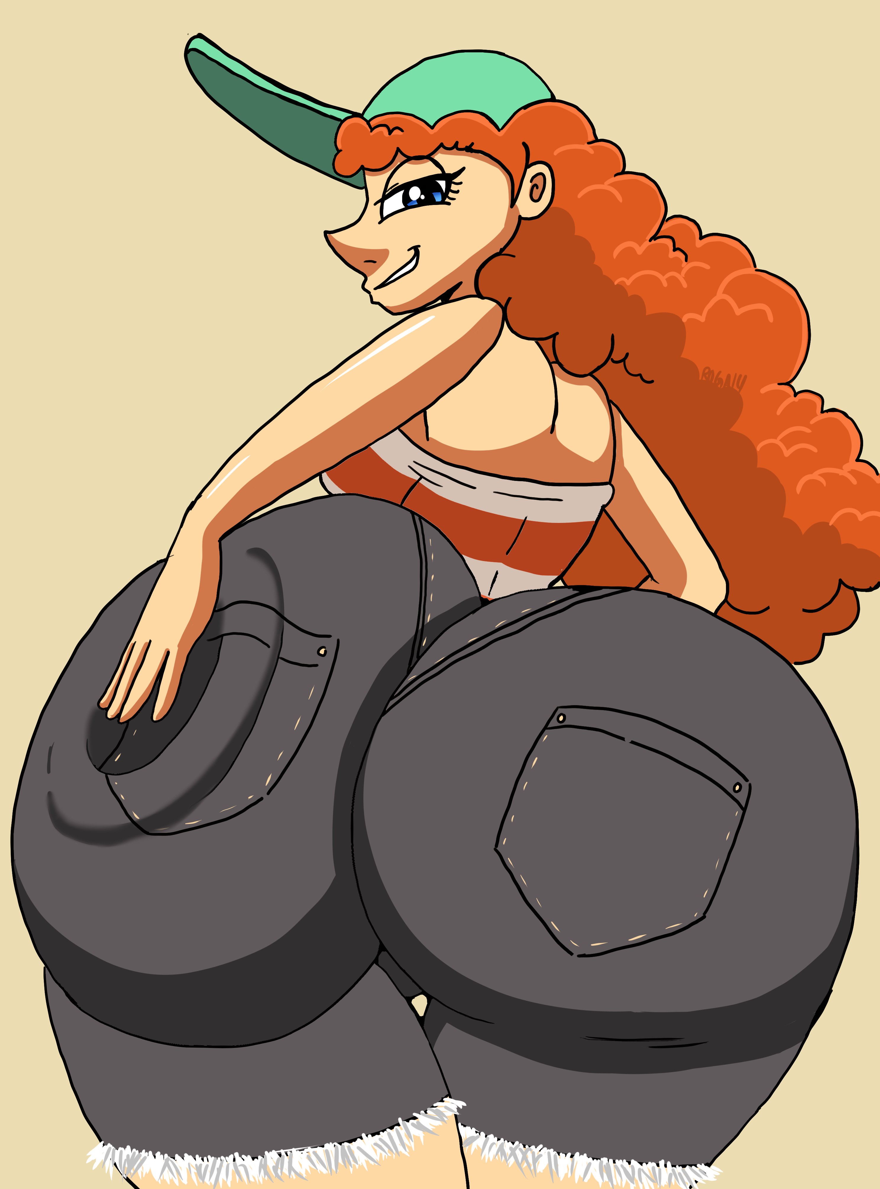 alternate version at source, ass, ass bigger than head, big ass, big butt, blue eyes, bottom heavy, bubble ass, bubble butt, denim, denim clothing, denim shorts, disney, enormous ass, enormous butt, fat ass, fat butt, female, female only, gigantic ass, gigantic butt, hat, huge ass, huge butt, inner workings, jean shorts, jorts, kate (inner workings), large ass, large butt, long hair, looking at viewer, looking back, massive ass, massive butt, narrow shoulders, orange hair, roga14, seductive, seductive eyes, seductive look, seductive smile, spanking own ass, striped shirt, sun hat, thick ass, thick thighs, thighs, thin arms, thin waist, voluptuous, water, wide hips