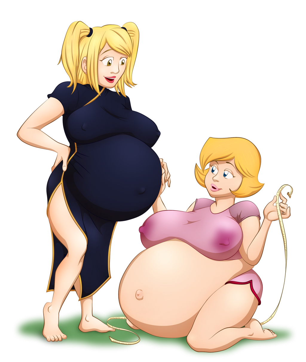 2girls belly belly_button big_belly big_breasts blonde_hair breasts clover_(totally_spies) death_note female misa_amane mr-jolted navel nipples_visible_through_clothing outie outie_navel pregnant sidkid44 tape_measure totally_spies