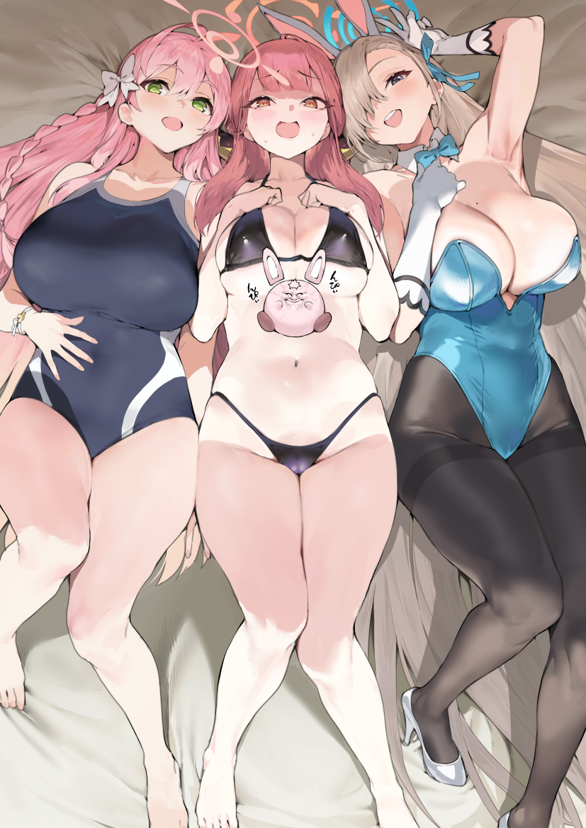 3girls ahoge animal_ears armpits aru_(blue_archive) asuna_(blue_archive) asuna_(bunny)_(blue_archive) bangs bare_arms bare_legs bare_shoulders barefoot bikini black_bikini black_swimsuit blue_archive blue_swimsuit blush bow bowtie breasts brown_eyes bunny cleaning_&_clearing_(blue_archive) cleavage collarbone competition_swimsuit covered_navel earrings eyebrows_visible_through_hair gehenna_academy_student girl_sandwich gloves green_eyes groin halo hanako_(blue_archive) hands_on_own_chest high_heels horns huge_breasts iku_(ikuchan_kaoru) jewelry kirby large_breasts long_hair looking_at_viewer lying make-up_work_club_(blue_archive) millennium_science_school_student mole mole_on_breast multiple_girls navel no_shoes on_back one-piece_swimsuit open_mouth paid_reward_available pantyhose pink_hair playboy_bunny problem_solver_68_(blue_archive) ribbon sandwiched skindentation smile string_bikini swimsuit thighs traditional_bowtie trinity_general_school_student very_long_hair white_gloves