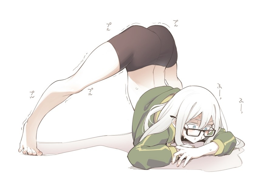 asutora asutora-chan blue_eyes booty_shorts glasses green_jacket jackochallenge white_hair