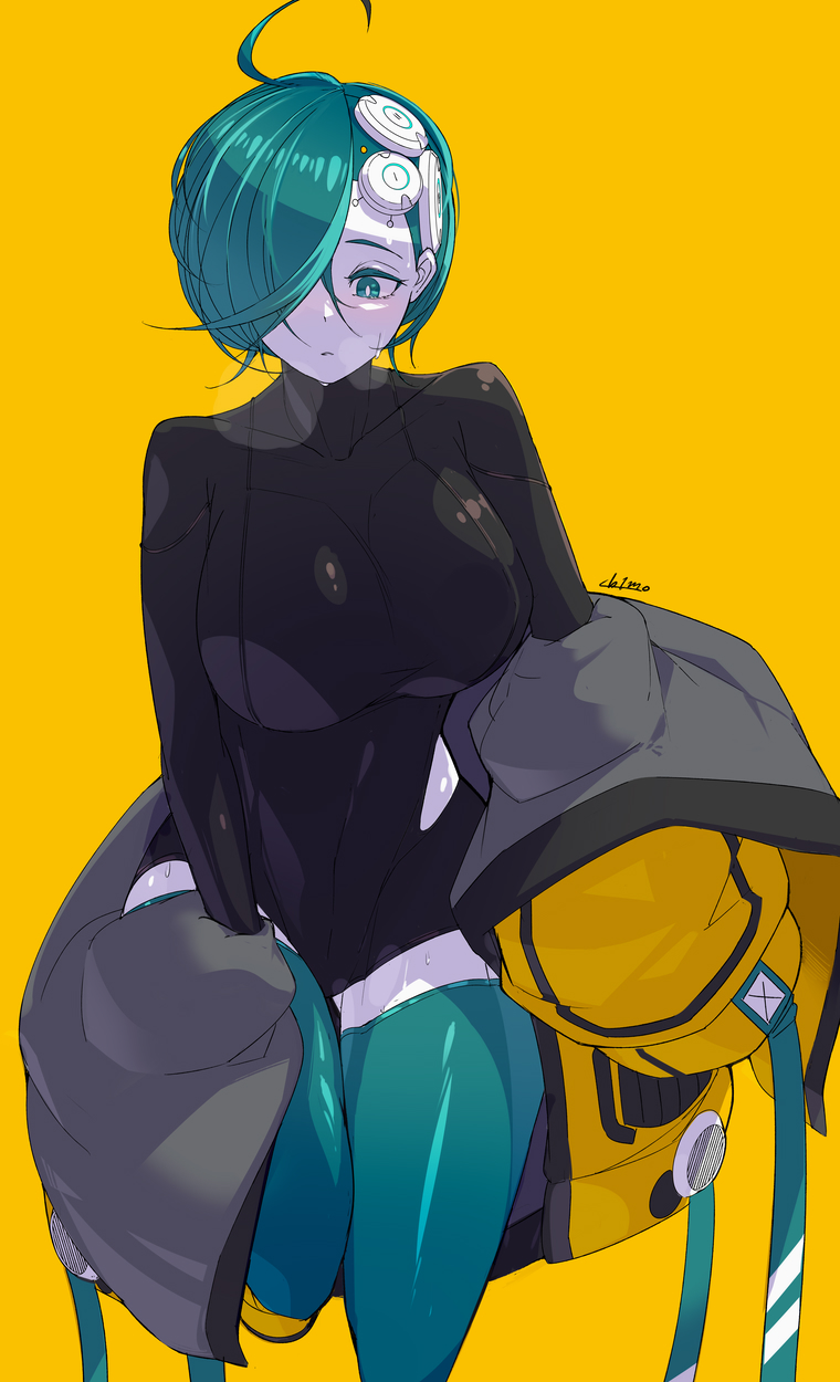 1girls 2021 big_breasts blue_hair blush breasts clothed cowlick female female_focus female_only green_eyes green_hair gynoid hair_over_one_eye headgear headwear large_breasts legwear looking_at_viewer looking_down open_clothes open_jacket original original_character pale-skinned_female pale_skin short_hair skin_tight skintight sole_female solo solo_female solo_focus specimen69_(ub1mo) sweat sweatdrop tagme thick_thighs thighhighs thighs turquoise_eyes turquoise_hair ub1mo undressing white_skin yellow_background yellow_clothing