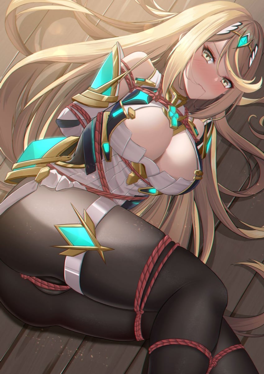 1girls alternate_breast_size annoyed black_legwear blonde_hair bondage chushou_jiang cleavage core_crystal large_breasts long_hair mythra nintendo restrained rope xenoblade_(series) xenoblade_chronicles_2 yellow_eyes