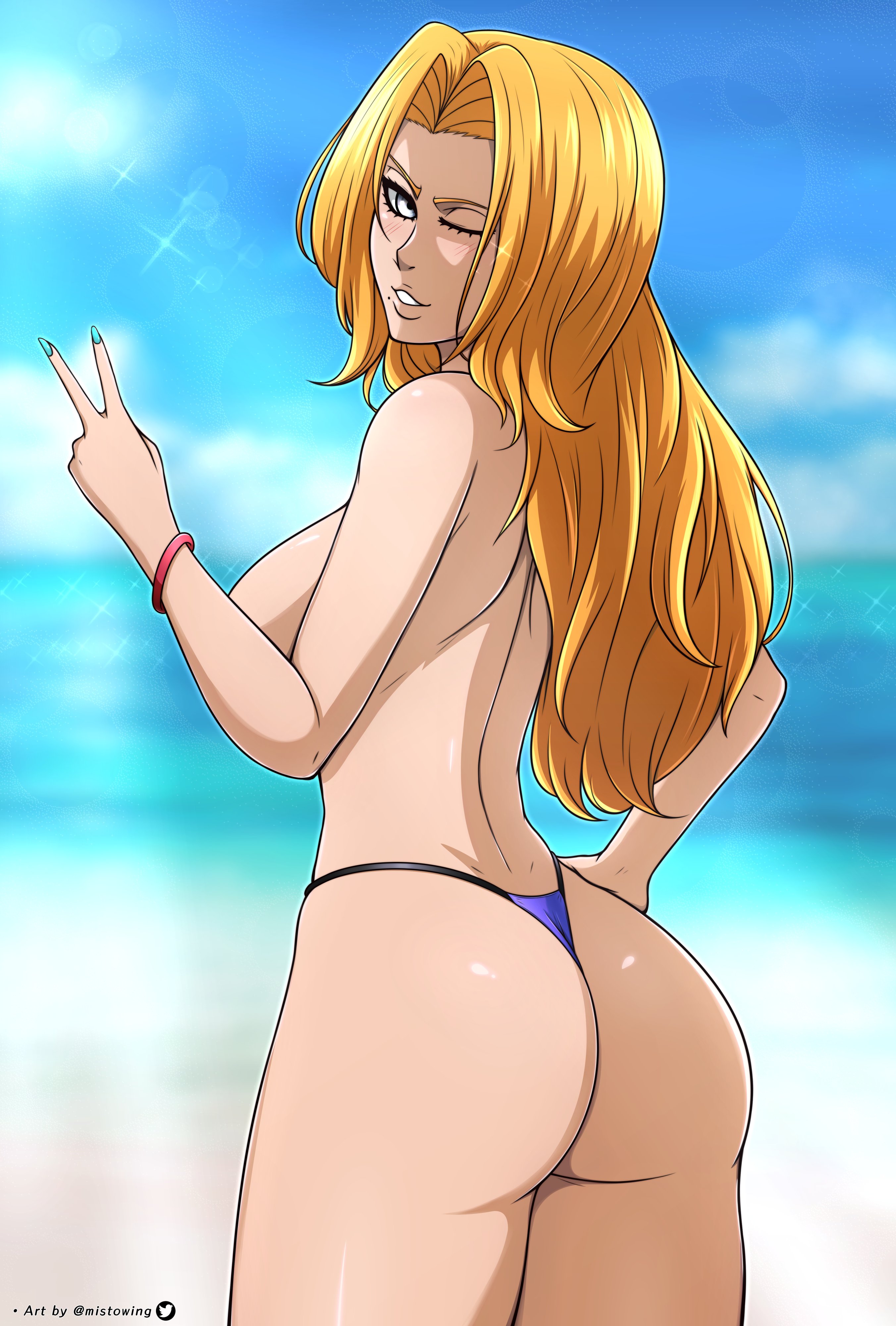 1girls, ass, beach, bikini, bikini bottom, bleach, blonde hair, female, female only, long hair, looking at viewer, looking back, matsumoto rangiku, mistowing, orange hair, peace sign, solo, solo female, thong, thong bikini, wink