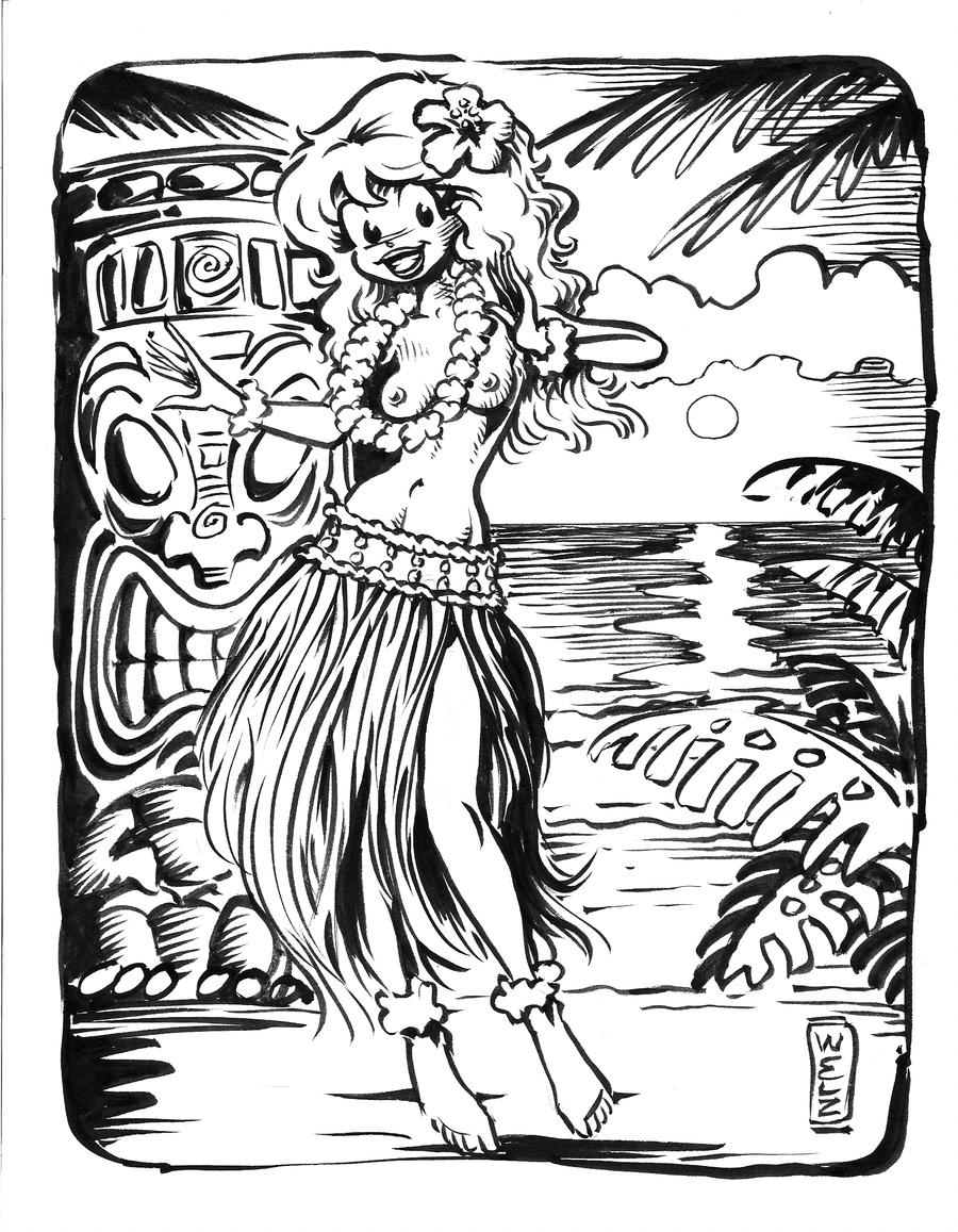 4:3_aspect_ratio beach black_and_white breasts cherry_poptart cherry_poptart_(comic) clouds deviantart fern_plant ferns flower_in_hair flower_necklace grass_skirt hawaii hula hula_dancer hula_girl larry_welz lei long_hair long_hair_female no_color ocean palm_tree public_topless small_breasts straight_hair sun sunset tiki topless topless_female