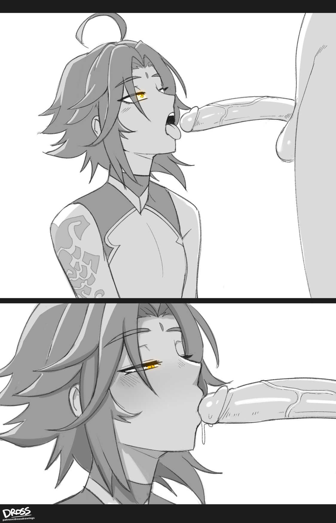 2boys, ahoge, arm tattoo, big penis, dross, femboy, feminine male, gay, genshin impact, girly, glowing eyes, greyscale, kissing penis, male, male only, male/male, monochrome, penis, precum, tagme, tattoo, tattoo on arm, tattooed arm, tongue, tongue out, trap, twink, xiao (genshin impact), yaoi, yellow eyes