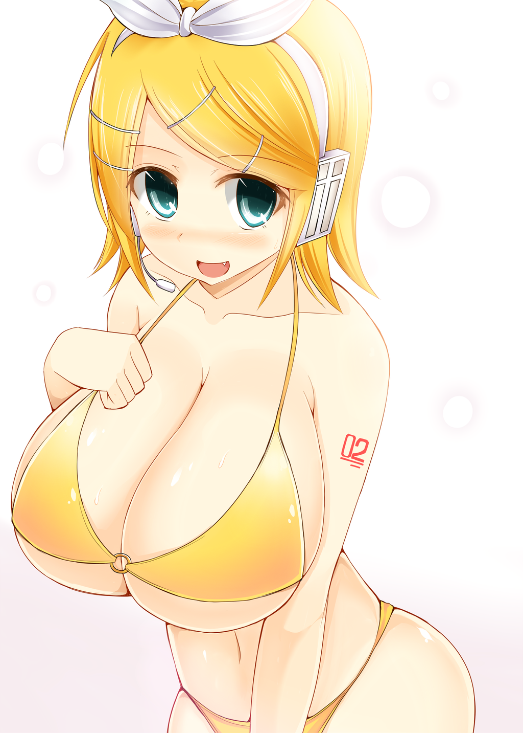 alternate_body_type alternate_breast_size big_breasts bikini blonde_hair blue_eyes blush breasts cute cute_face cute_fang facominn female female_focus female_only gradient gradient_background hair_ornament hair_ribbon hairclip headphones headset highres huge_breasts kagamine_rin large_breasts light-skinned_female light_skin looking_at_viewer o-ring o-ring_bikini o-ring_top open_mouth ribbon short_hair short_stack shortstack simple_background small_but_busty smile smile_at_viewer smiling smiling_at_viewer solo solo_female solo_focus swimsuit tattoo upper_body vocaloid voluptuous voluptuous_female white_background yellow_bikini yellow_hair