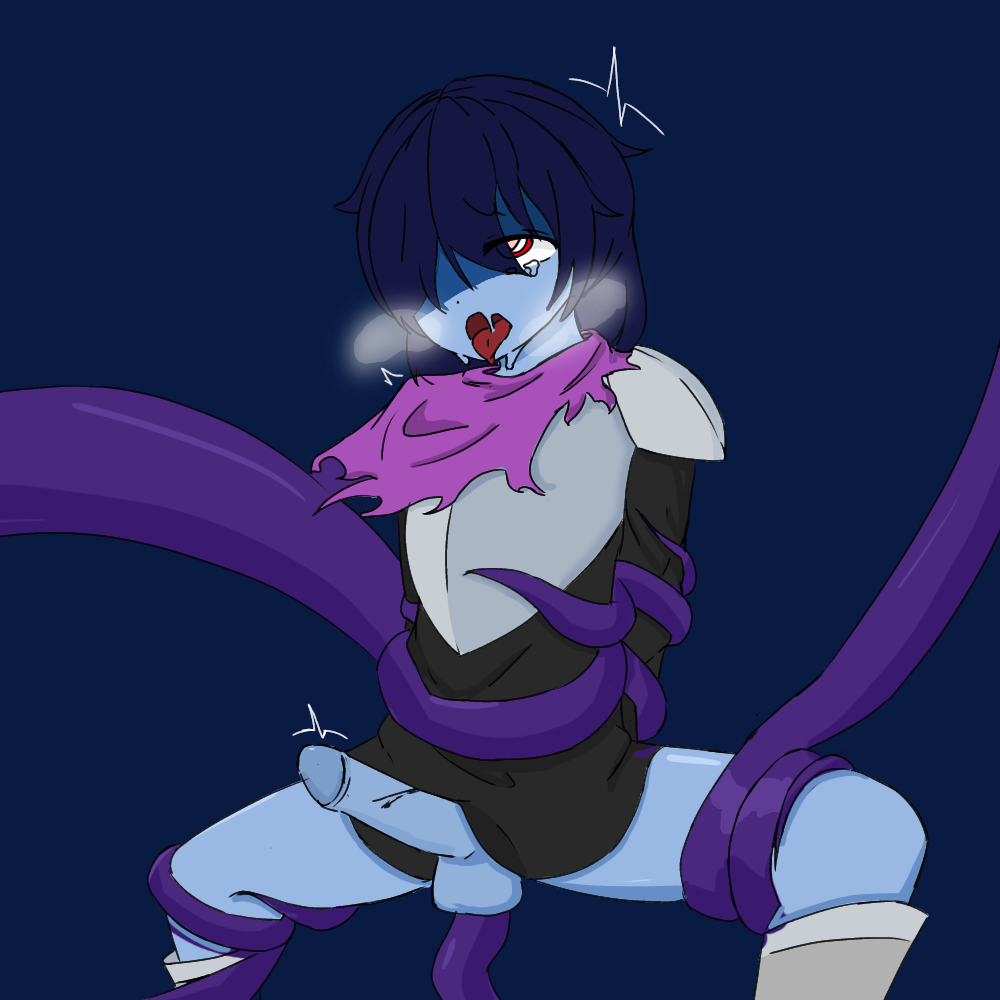 ahe gao, blue body, blue skin, bondage, breath, deltarune, femboy, kris (deltarune), male, male only, penis, rape, tentacle, tentacle rape, trap