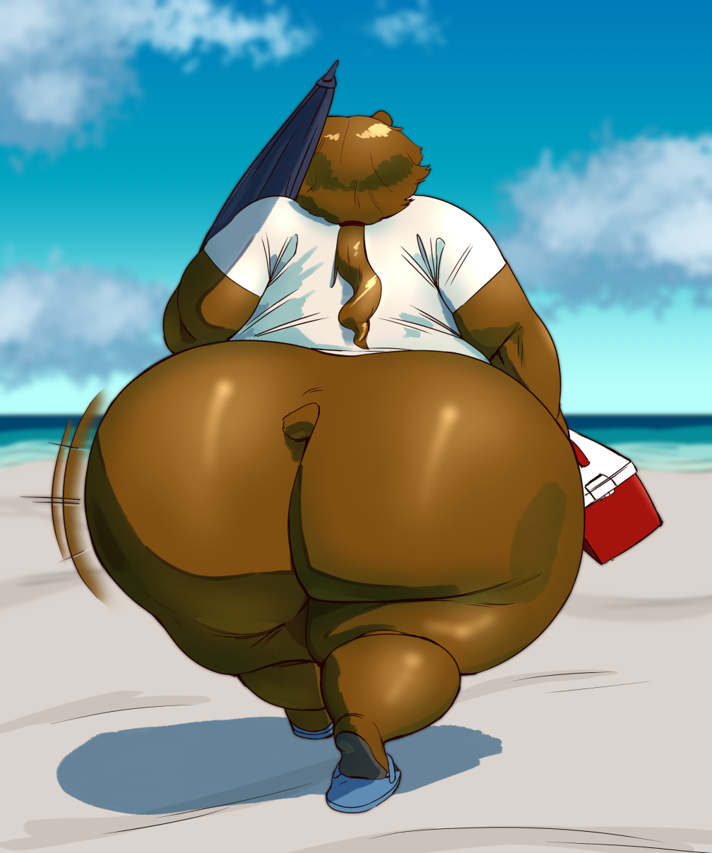 2022 anthro ass beach big_butt biped bottomless brown_bear brown_body brown_fur brown_hair clothed clothing cooler female footwear fur hair hi_res huge_butt mammal motion_lines overweight overweight_anthro overweight_female pearypanda ponytail sandals savannah_(pearypanda) seaside short_tail simple_background solo umbrella ursid ursine wide_hips