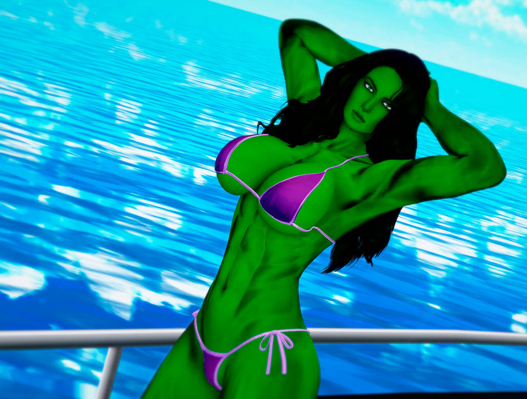 1girls 3d 3d_(artwork) abs armpits big_breasts bikini boat doom4rus female female_only fit_female green-skinned_female green_hair green_skin hulk_(series) marvel marvel_comics micro_bikini muscular muscular_female she-hulk solo solo_female swimsuit swimwear