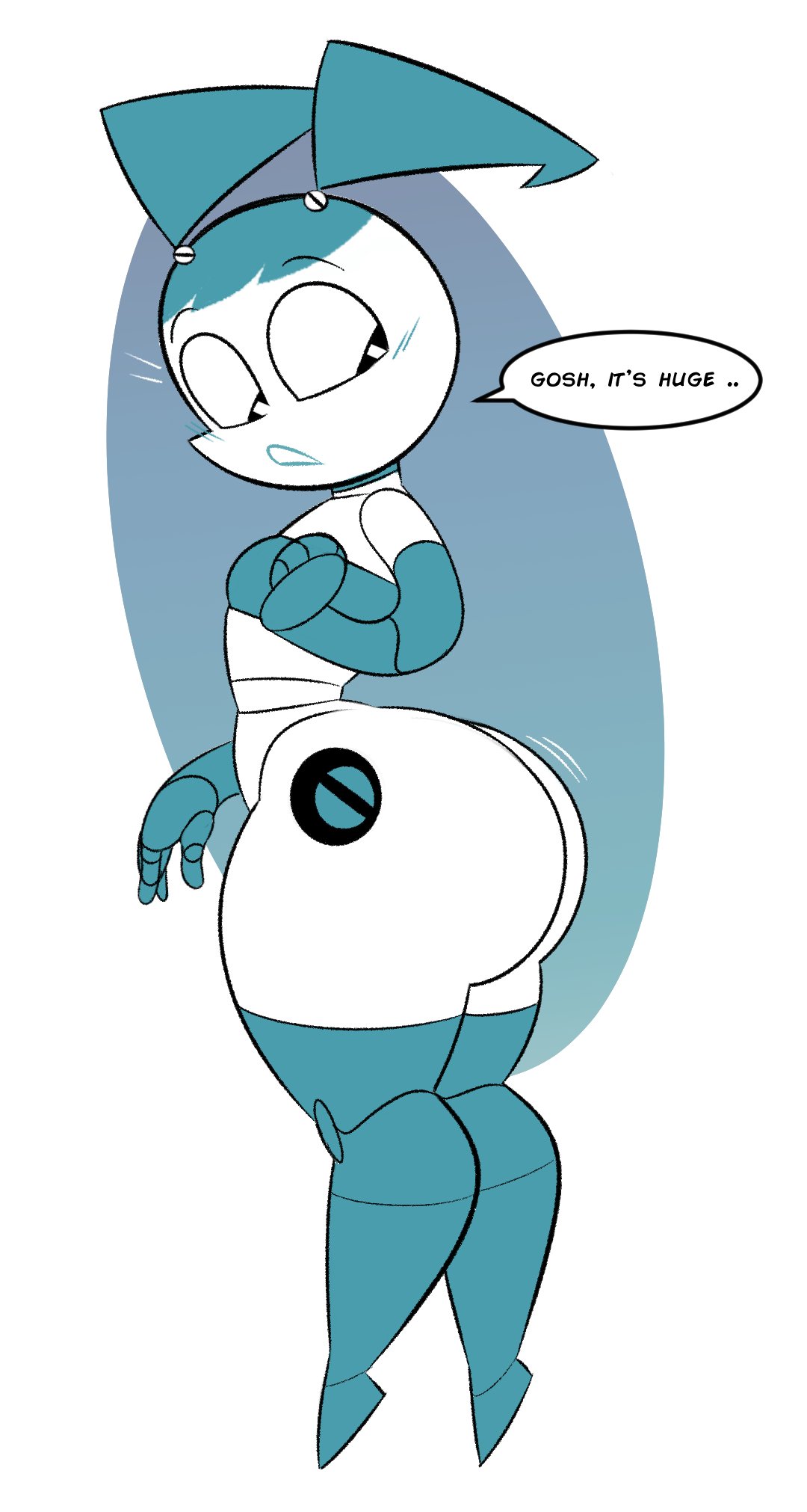 ass, big ass, blue hair, bubble ass, bubble butt, dialogue, fat ass, fat butt, female, female only, female robot, flat chest, flat chested, gynoid, jenny wakeman, large ass, large butt, looking back, metal body, metallic body, my life as a teenage robot, nickelodeon, robot, robot girl, robot humanoid, skimpy clothes, speech bubble, thick ass, thick thighs, tubetop, white body, wide hips, xj-9, zetaskully