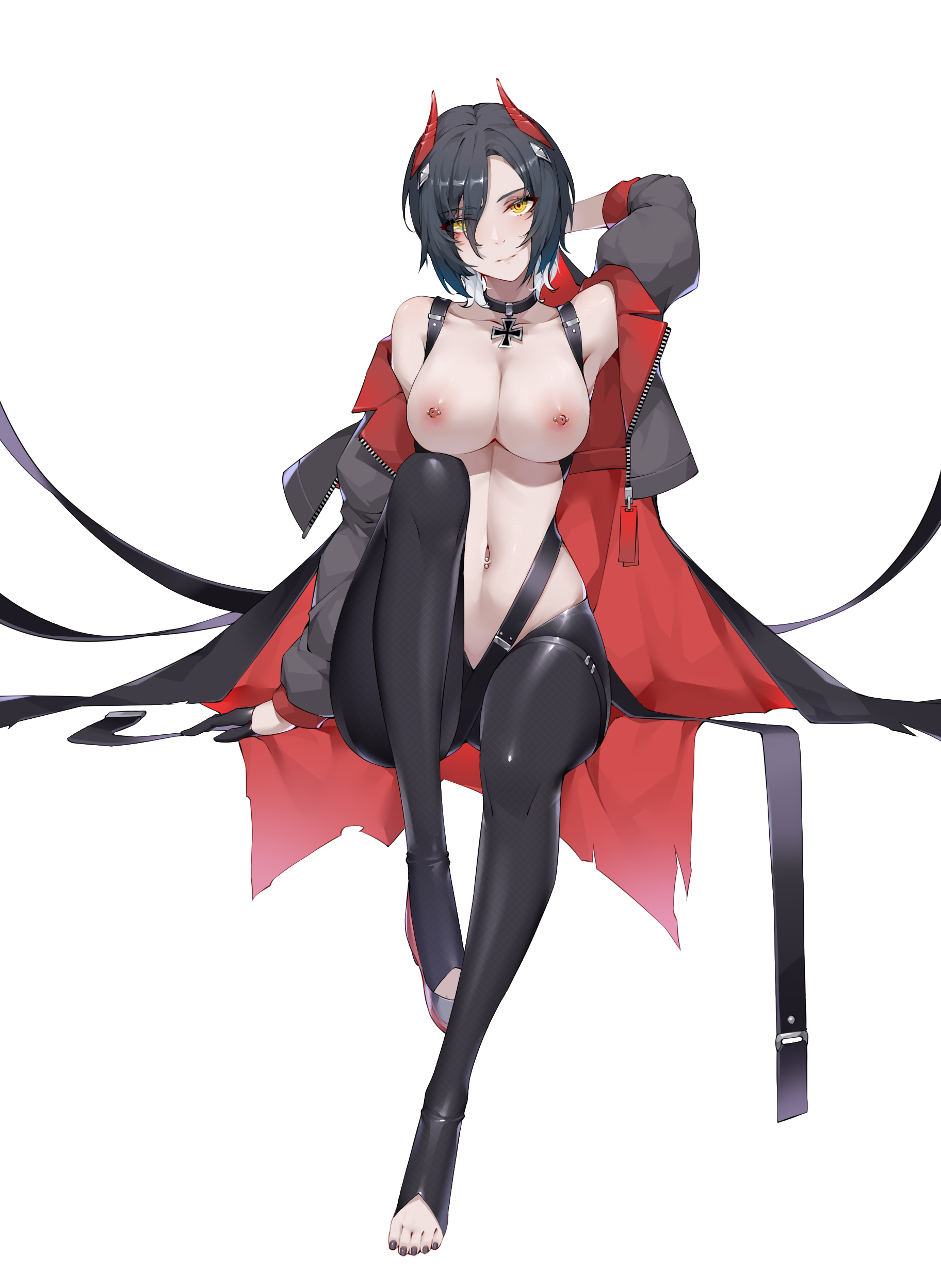 1girls, absurdres, arm behind head, azur lane, black choker, black coat, black gloves, black hair, black legwear, black nails, breasts, choker, coat, cross, crotchless, crotchless pantyhose, eyes visible through hair, female, female only, full body, gloves, grey footwear, half gloves, highres, horns, iron cross, large breasts, looking at viewer, mechanical horns, multicolored hair, nail polish, navel piercing, nipple piercing, nipples, open clothes, open coat, pantyhose, piercing, red horns, shoes, short hair, simple background, single shoe, solo, toeless legwear, toenail polish, toenails, two-tone hair, ulrich von hutten (azur lane), white background, white hair, wsfw, yellow eyes, zipper