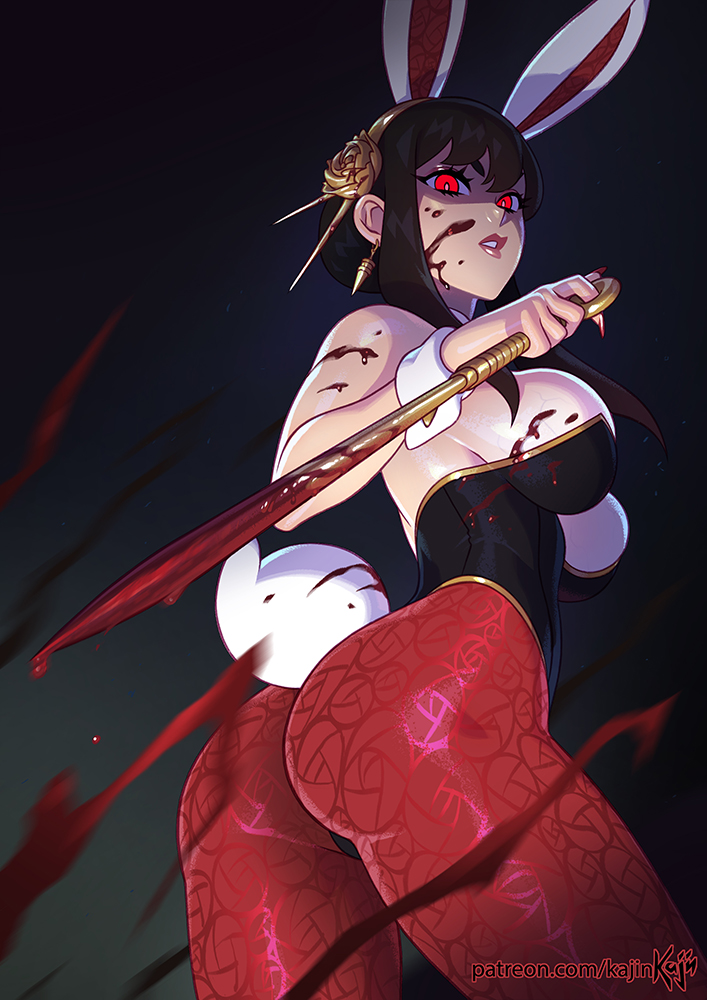 1girls, ass, assassin, big ass, big breasts, big butt, black hair, blood, breasts, bunny ears, bunny girl, bunny tail, bunnysuit, eye contact, fake animal ears, female, female focus, female only, kajinman, leotard, long hair, looking at viewer, pantyhose, red eyes, solo, spy x family, stiletto (weapon), thorn princess, yor briar