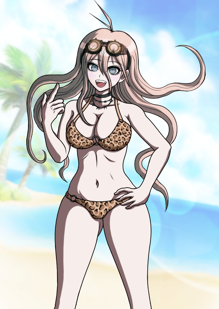 1girls 2023 accurate_art_style ahoge alternate_version_available beach big_breasts bikini blonde_hair blue_eyes blurry_background breasts cheeeeeeeeeeeeen choker danganronpa danganronpa_s:_ultimate_summer_camp danganronpa_v3 danganronpa_v3:_killing_harmony female female_focus female_only goggles goggles_on_forehead goggles_on_head iruma_miu leopard_print leopard_print_bikini light-skinned_female light_skin long_hair looking_at_viewer looking_pleasured messy_hair neck_ribbon neckwear new_danganronpa_v3 open_mouth palm_tree sand sea seaside sky sprite sprite_edit standing standing_position straight_hair strawberry_blonde_hair