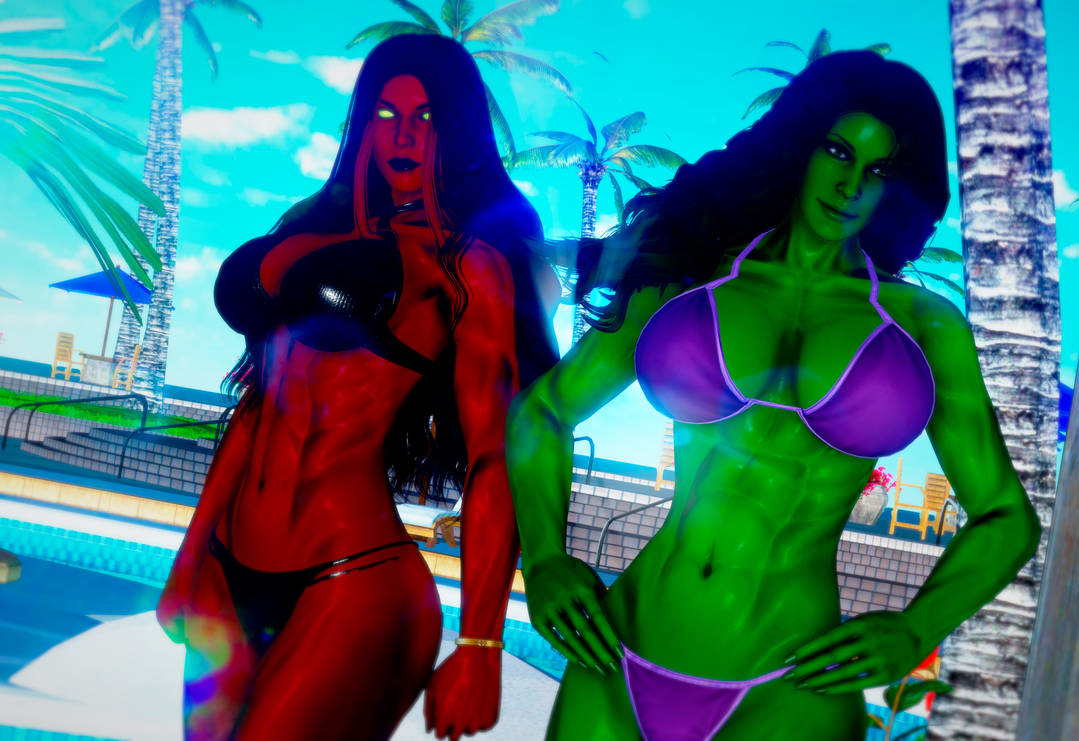 2girls 3d 3d_(artwork) abs big_breasts bikini black_hair detailed_background doom4rus female female_only glare_(lighting) glowing_eyes green-skinned_female green_hair green_skin huge_breasts hulk_(series) large_breasts long_hair marvel marvel_comics multiple_girls muscular muscular_female pool poolside red-skinned_female red_she-hulk red_skin she-hulk two_tone_hair