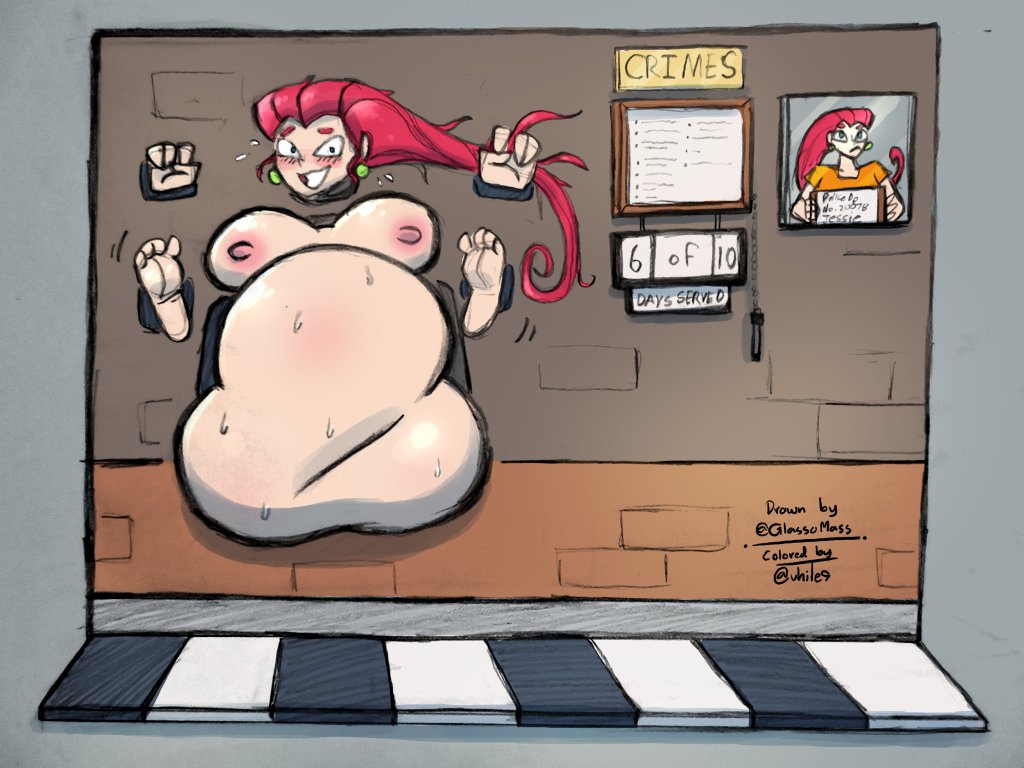 barefoot bbw belly big_belly big_breasts breasts fat feet female glassomass jessie_(pokemon) nipples obese overweight pink_hair pokemon public_use stuck_in_wall sweat through_wall vh1te