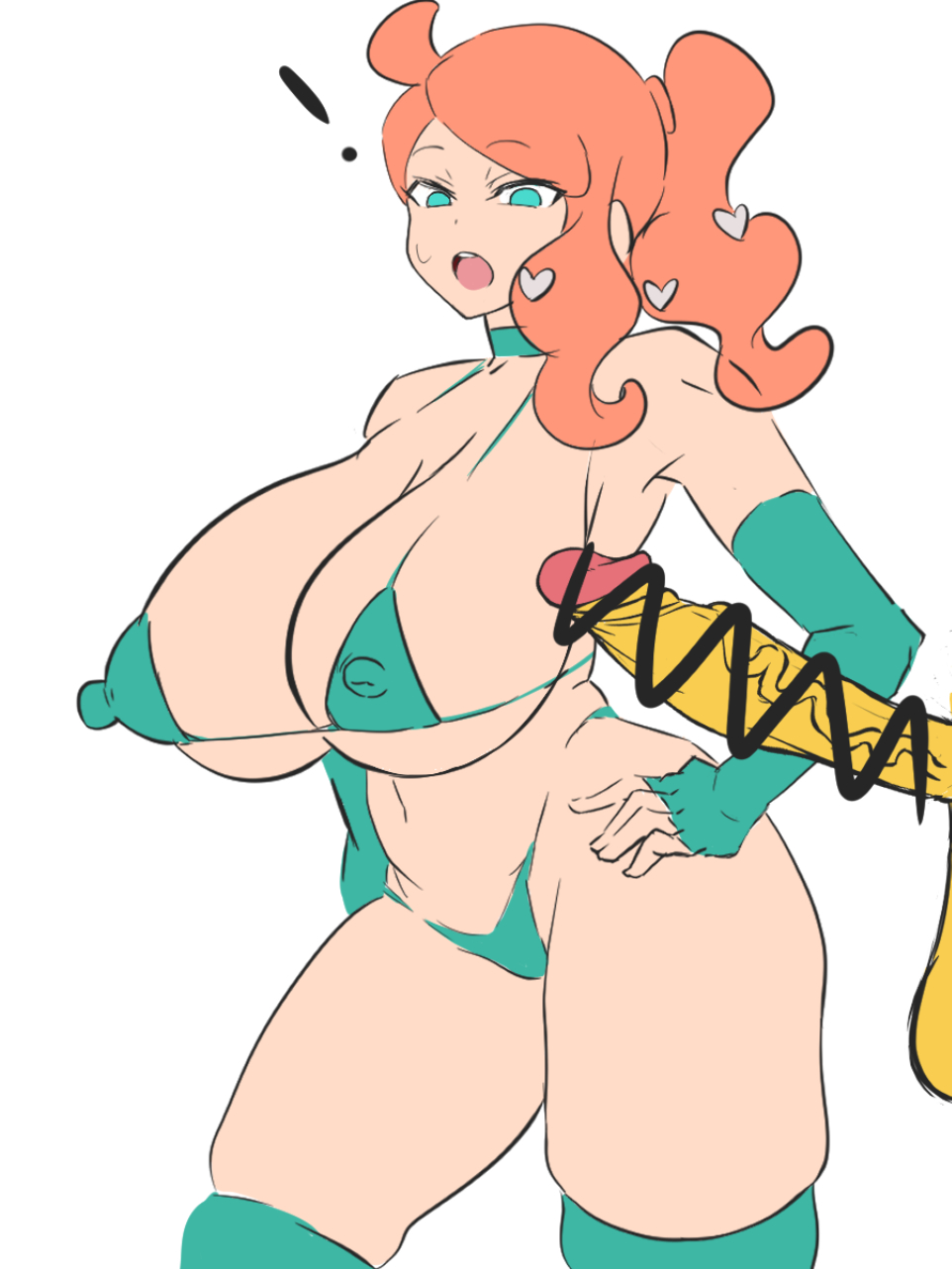 alternate breast size, bikini, breasts, censored, choker, dd (artist), erect nipples, female, gloves, green eyes, hair ornament, huge cock, hypno, large breasts, long hair, male, micro bikini, nintendo, nipples, open mouth, opera gloves, orange hair, penis, pokemon, pokemon (species), pokemon ss, pokephilia, ponytail, red hair, side ponytail, sketch, sonia (pokemon), sweat, thick thighs, thighs, wide hips