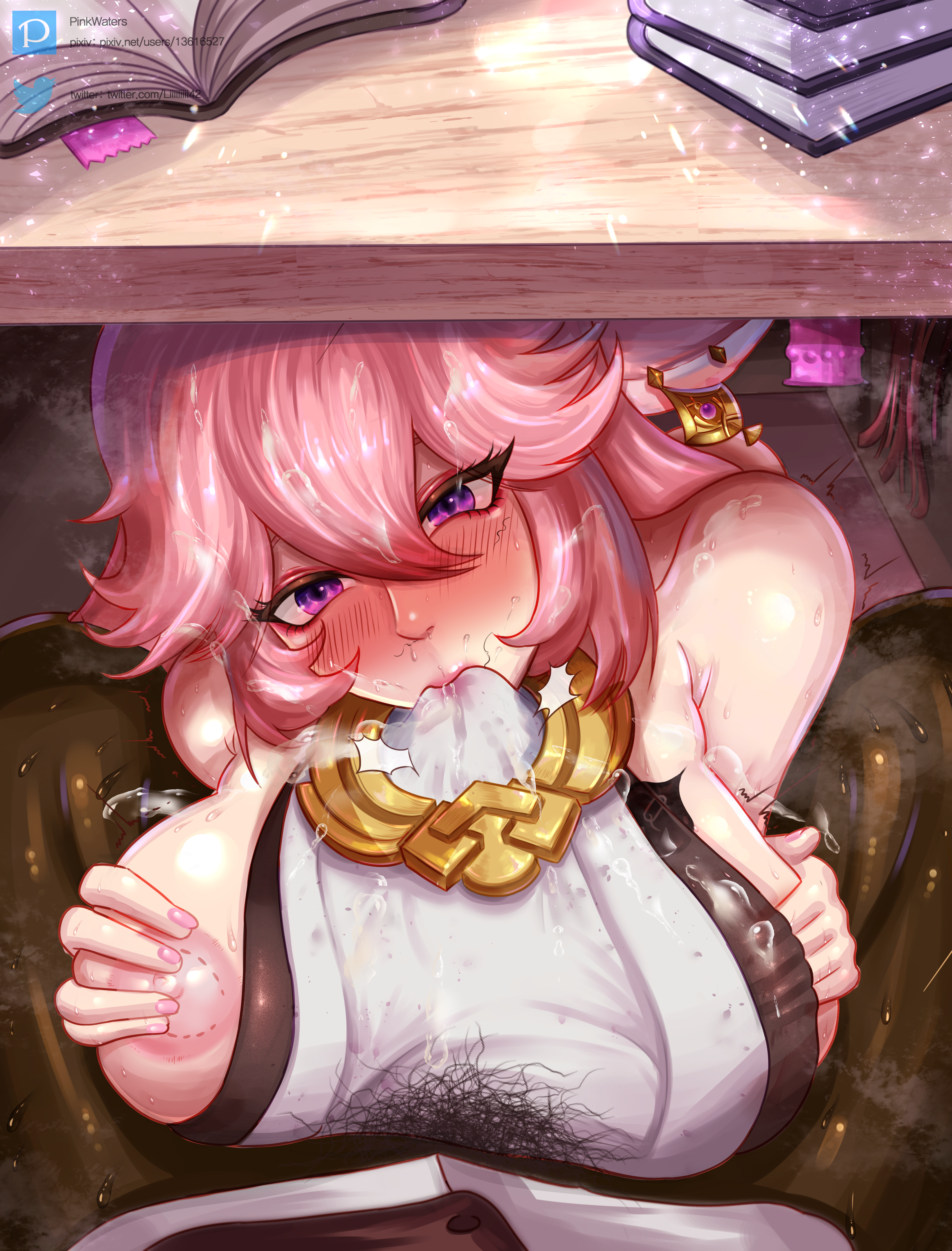 1boy, 1girls, 2022, 2d, bite mark, breasts, dark skin, dark-skinned male, female, genshin impact, heart-shaped pupils, interracial, male, paizufella, paizuri, paizuri fellatio, paizuri under clothes, pinkwaters, pubic hair, stray pubic hair, under the table, yae miko