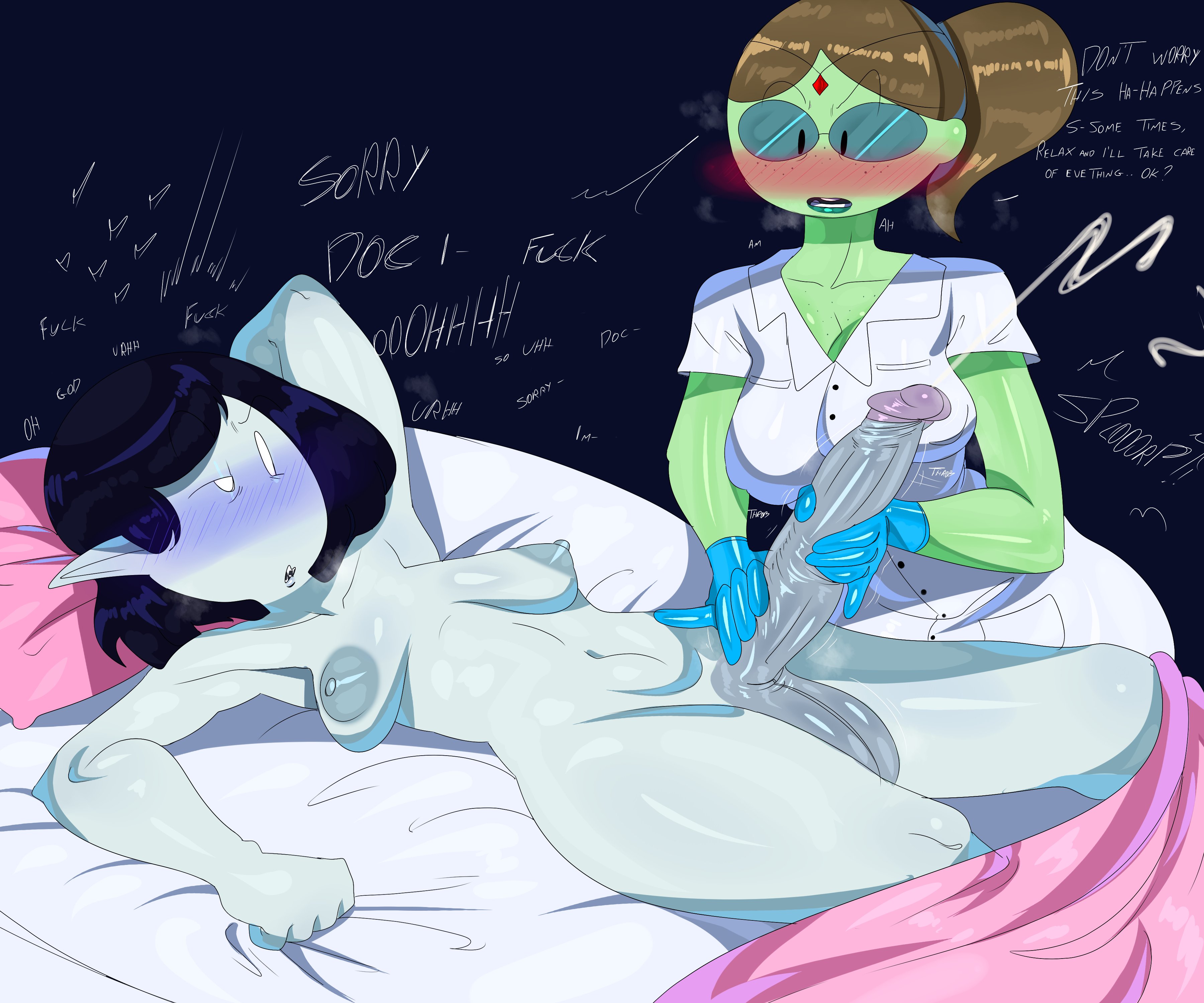 1futa, 1girls, adventure time, balls, big breasts, big penis, black hair, breasts, brown hair, cartoon network, clothed, clothing, cum, dialogue, doctor princess, duo, ejaculation, erection, female, fully clothed, futa on female, futanari, gloved handjob, gloves, handjob, humanoid, humanoid penis, intersex, looking at penis, marceline, nude, orgasm, penis, rolling eyes, tayuri, text, wide hips