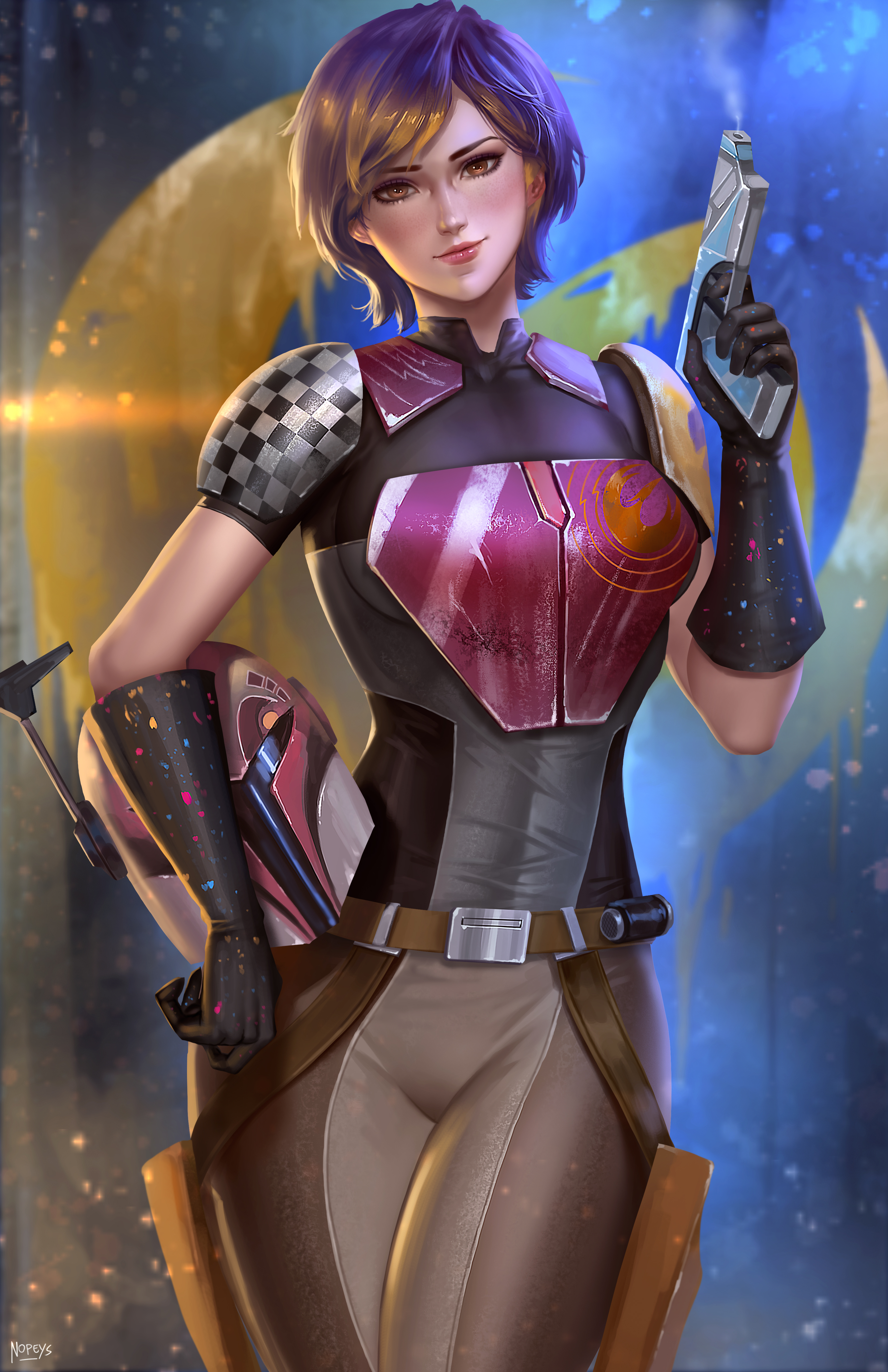 1girls, athletic, athletic female, female, human, mandalorian, nopeys, pinup, purple hair, sabine wren, short hair, star wars, star wars rebels