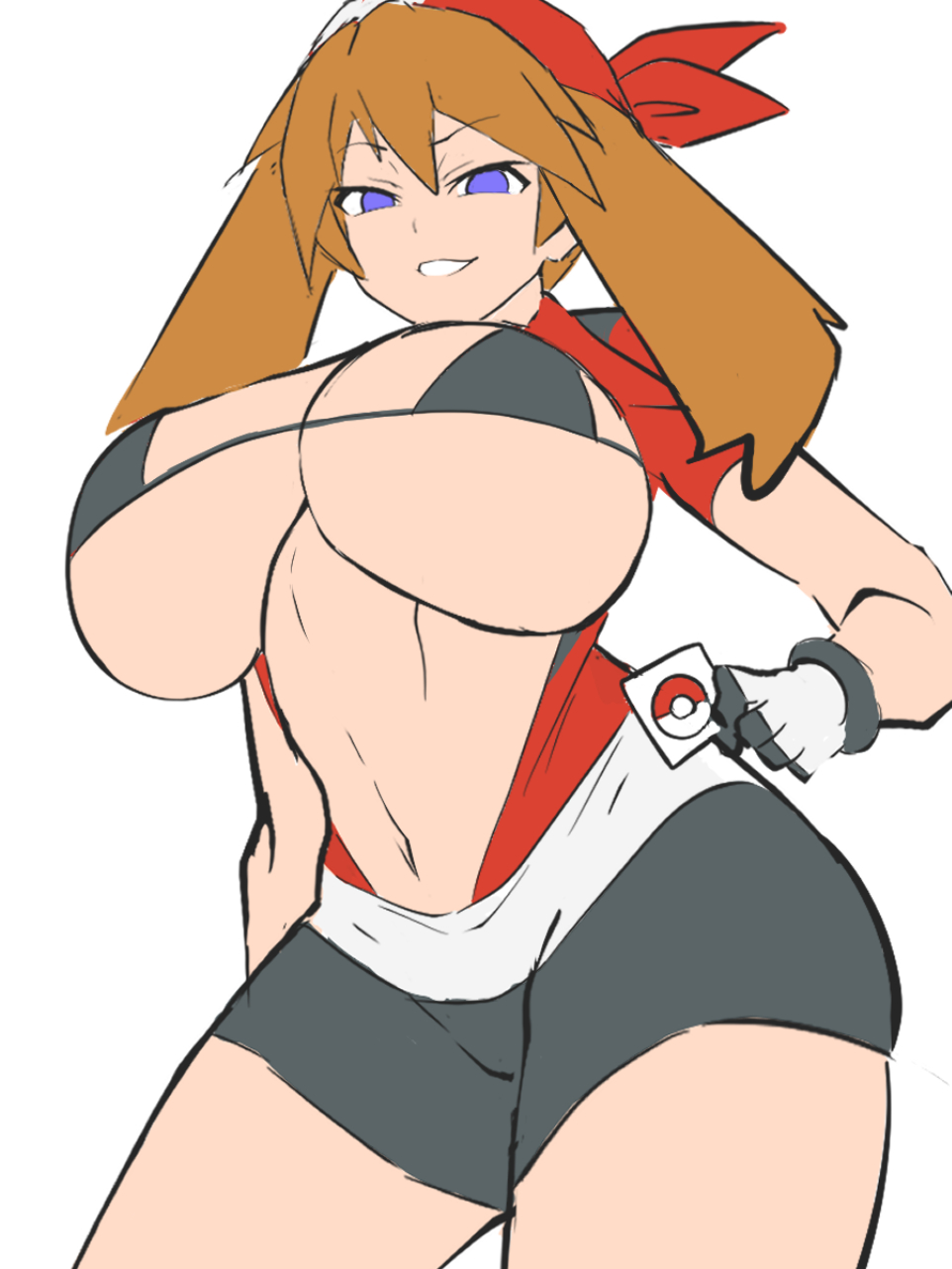 alternate breast size, bandana, bikini, bikini top, blue eyes, breasts, brown hair, condom, condom wrapper, dd (artist), female, gloves, huge breasts, looking at viewer, may (pokemon), micro bikini, micro bikini top, nintendo, pokemon, shirt lift, short hair, shorts, sketch, smile, smug, thick thighs, thighs, underboob