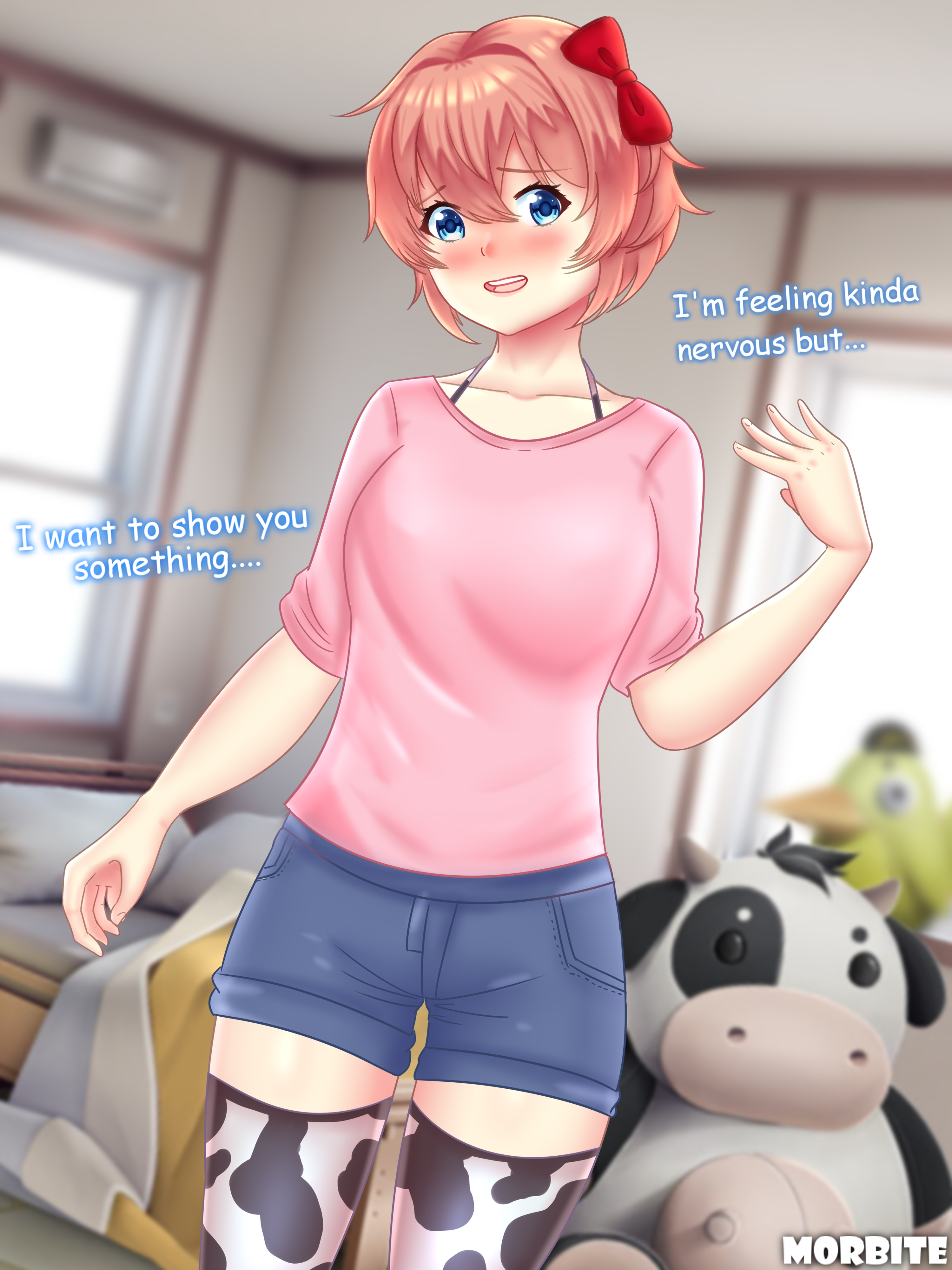 blush, bow, breasts, dialogue, doki doki literature club, female, female only, just sayori, morbite, mr. cow (doki doki literature club), not porn, open mouth, petite, safe, safe for work, sayori (doki doki literature club), sfw, short hair, shy, small breasts, text