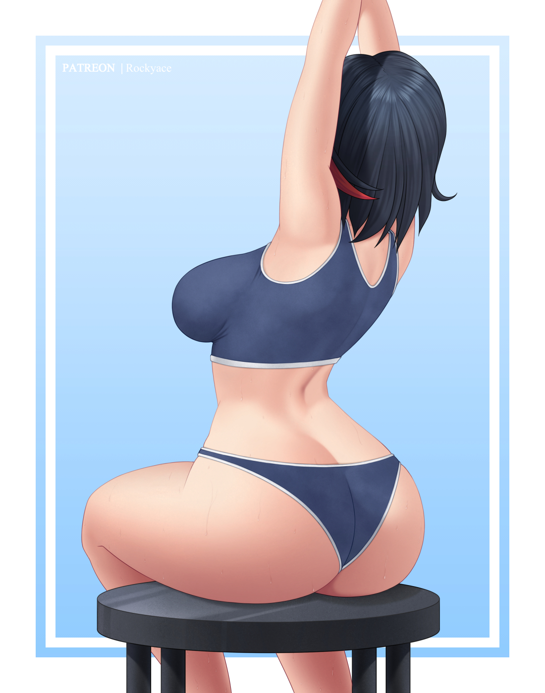 1girls, ass, ass cleavage, ass crack, back view, big ass, big breasts, big butt, breasts, butt crack, female, female focus, female only, kill la kill, matoi ryuuko, panties, rocky-ace, short hair, sideboob, sitting, sitting on chair, solo, sports bra, thick thighs, two-tone hair, wide hips