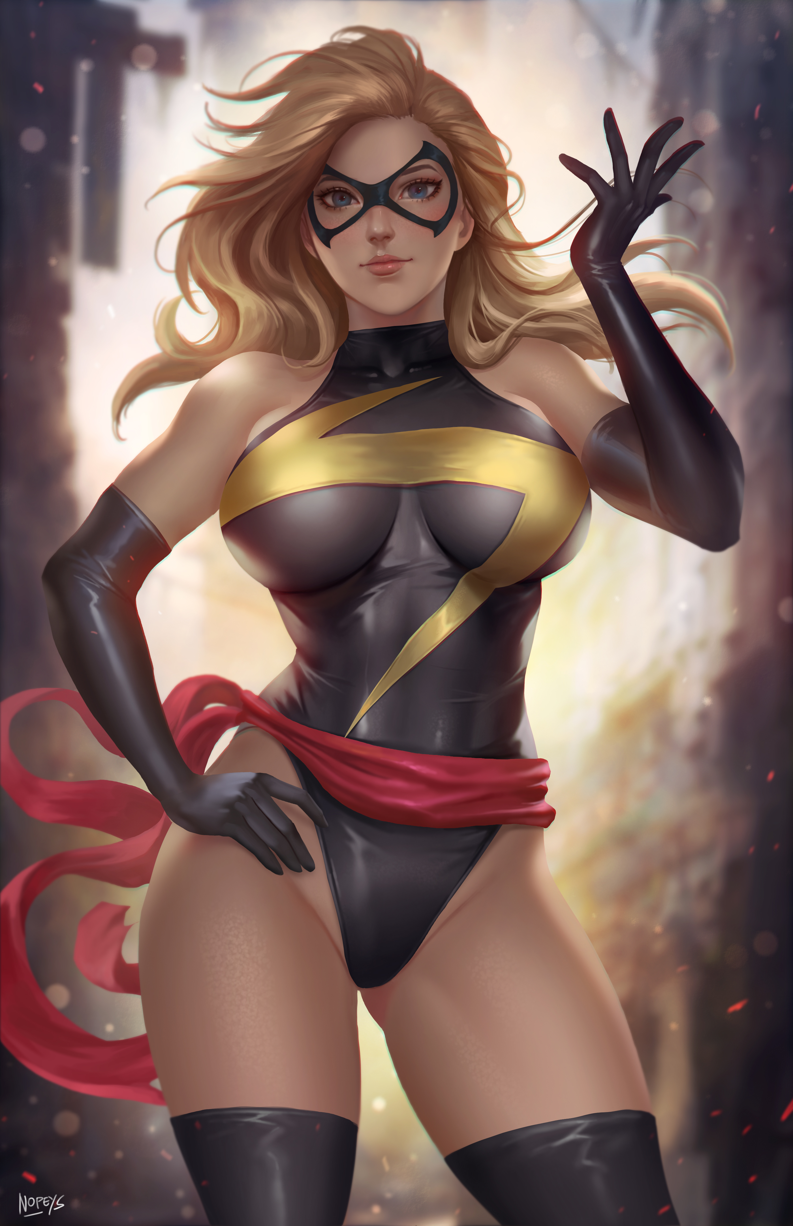 1girls, absurd res, blonde hair, breasts, carol danvers, evening gloves, female, female only, hi res, highres, legs, leotard, long gloves, looking at viewer, marvel, marvel comics, mask, ms. marvel, ms. marvel (carol danvers), nopeys, pinup, solo, solo female, thighs, thunder thighs
