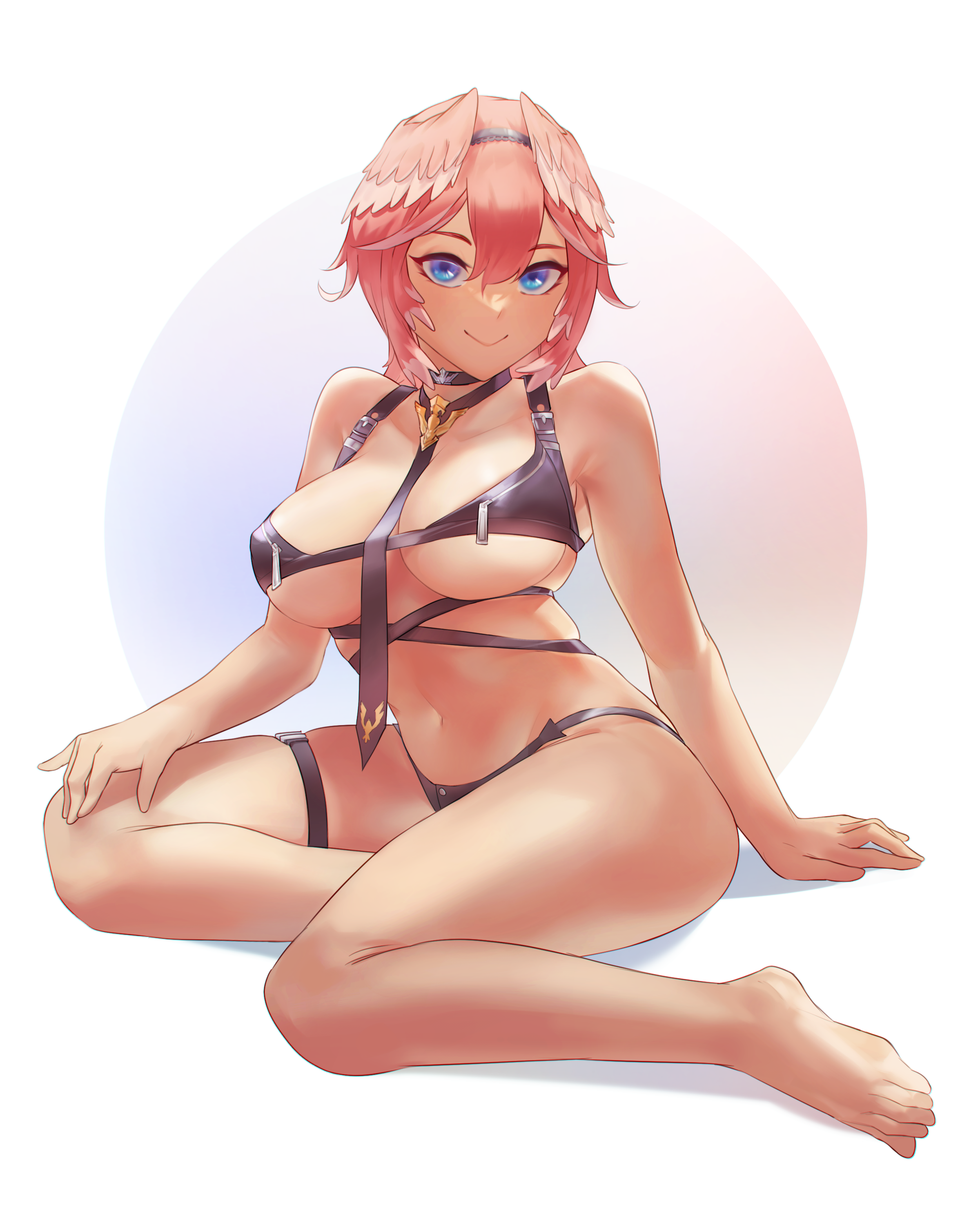 1girls, 2022, aragiken, arm support, ass, bare shoulders, barefoot, belly, big breasts, bikini, bikini bottom, bikini top, blue eyes, breasts, cleavage, female, female focus, female only, hololive, hololive japan, holox, looking at viewer, navel, pink hair, simple background, smile, solo, solo female, takane lui, thick thighs, thighs, underboob, virtual youtuber, wariza, white background