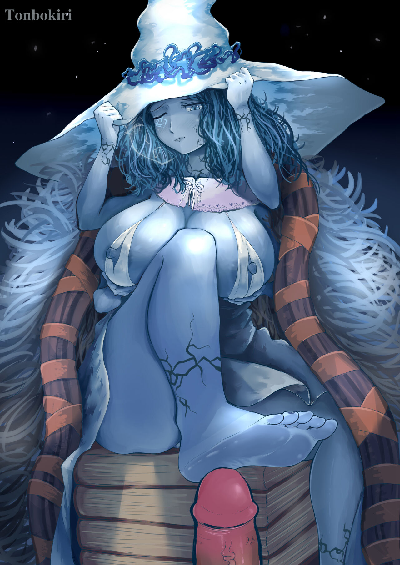 1boy, 1girls, 4 arms, barefoot, big breasts, blue eyes, blue hair, blue skin, blush, breasts, cape, cracked skin, detached collar, elden ring, erect nipples, erection, faceless male, female, female focus, foot fetish, footjob, fromsoftware, fur cape, huge breasts, male, male pov, multi arm, multi limb, nipples, one eye closed, penis, pov, ranni the witch, sitting, soles, tonbokiri (artist), uncensored, witch hat