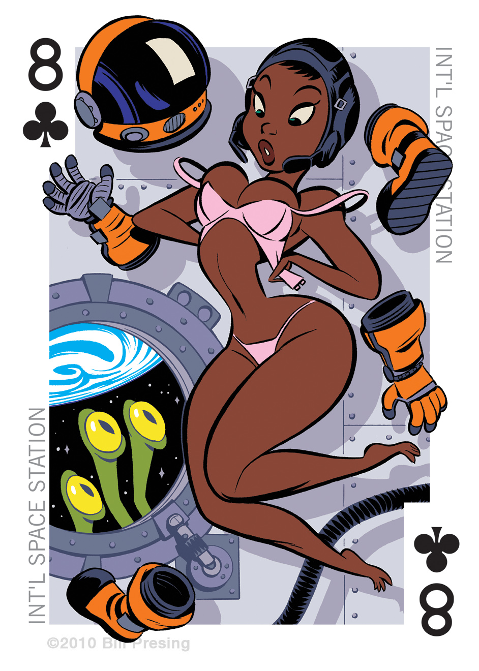 1girls 3_eyes 54_international_cuties alien astronaut astronaut_suit bill_presing black_hair dark-skinned_female dark_skin floating_clothes floating_object hourglass_figure lingerie low_gravity multi_eye peeping peeping_tom pinup playing_card space undressing unhooked_bra