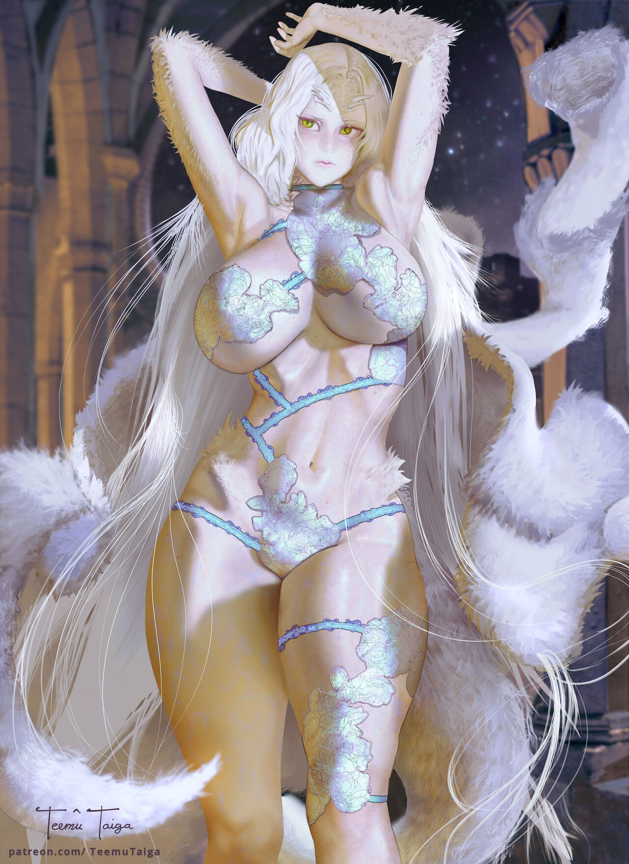 alternate costume, alternate version available, armpits, arms up, big breasts, breasts, cape, covered nipples, crossbreed priscilla, dark souls, dragon girl, dragon tail, female, female only, fromsoftware, fur, fur cape, furry tail, green eyes, horns, huge breasts, light skin, light-skinned female, long hair, pale skin, pale-skinned female, revealing clothes, solo, teemu taiga, thick thighs, very long hair, white hair, white skin, wide hips