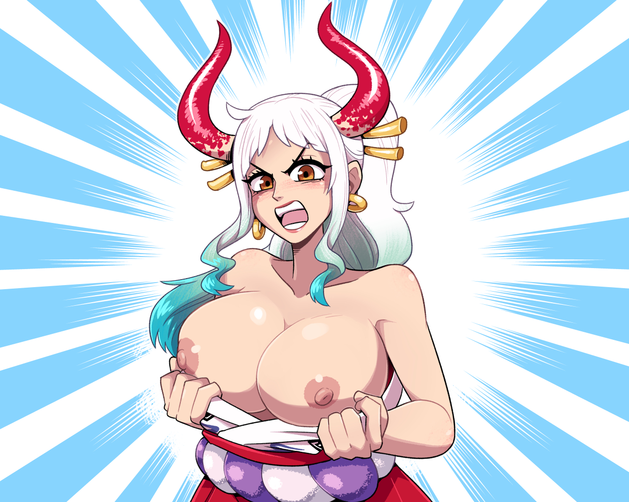 1girls, big breasts, blue hair, breasts, breasts out of clothes, brown eyes, clothed, clothing, curvy, datskelebutt, ear piercing, earrings, exposed breasts, female, female only, flashing, gradient hair, hi res, highres, hoop earrings, horned humanoid, horns, humanoid, light skin, light-skinned female, long hair, looking at viewer, multicolored hair, nipples, one piece, oni, oni female, oni horns, revealing clothes, simple background, solo, solo female, solo focus, two-tone hair, white hair, white-haired female, yamato (one piece)