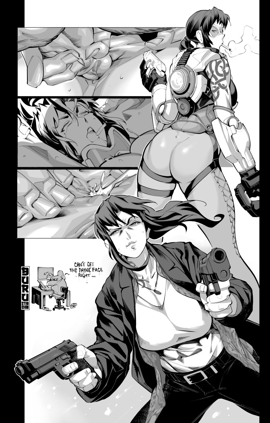 1girls, anus, black lagoon, breasts, burustandin, cigarette, cosplay, female, female only, female pubic hair, legs up, looking at viewer, monochrome, overwatch, overwatch 2, panties aside, presenting anus, presenting hindquarters, pussy, raised leg, revy, smoking, solo, speech bubble, spread legs, spread pussy, text, tracer, tracer (cosplay)