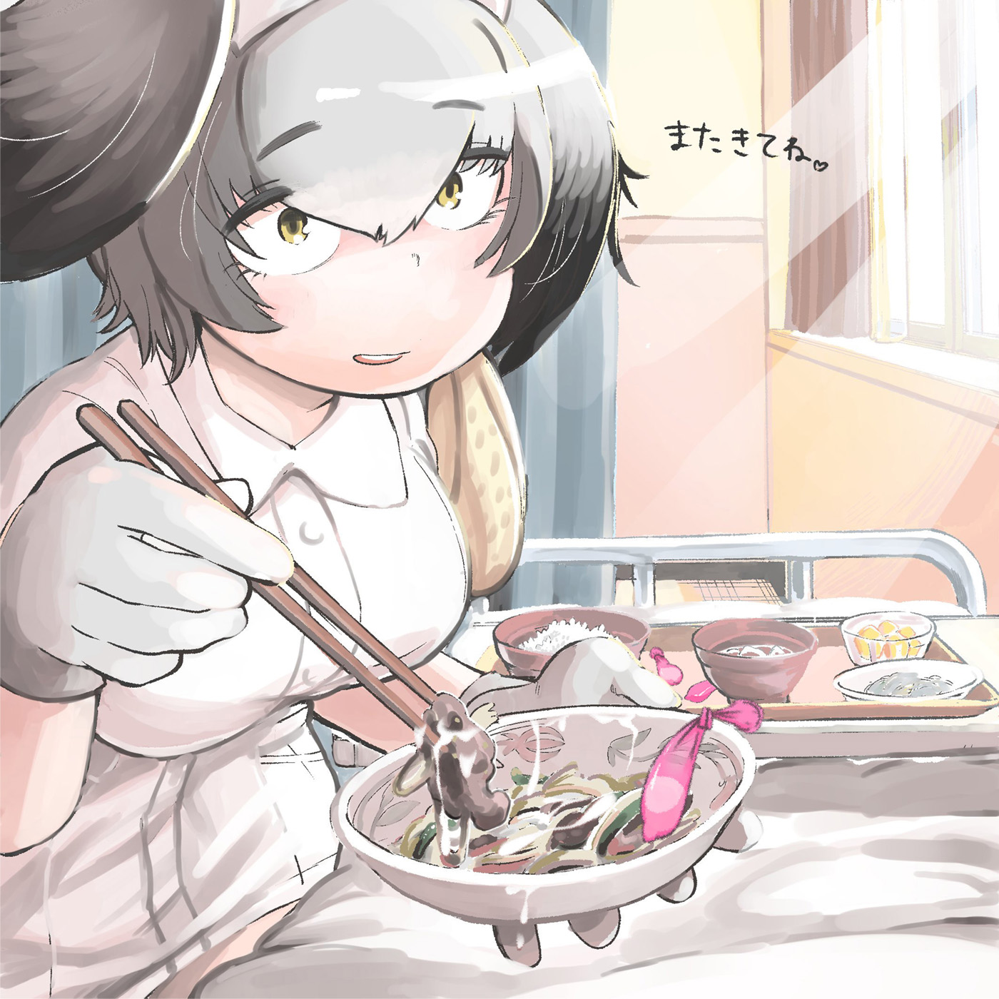 1girls, bed, black hair, breasts, cum, cum on food, edit, feeding, female, femdom, food, gloves, grey hair, happy, kemono friends, large breasts, multicolored hair, nurse, nurse clothing, nurse uniform, open mouth, pov, shoebill (kemono friends), smile, used condom, used condoms, yellow eyes