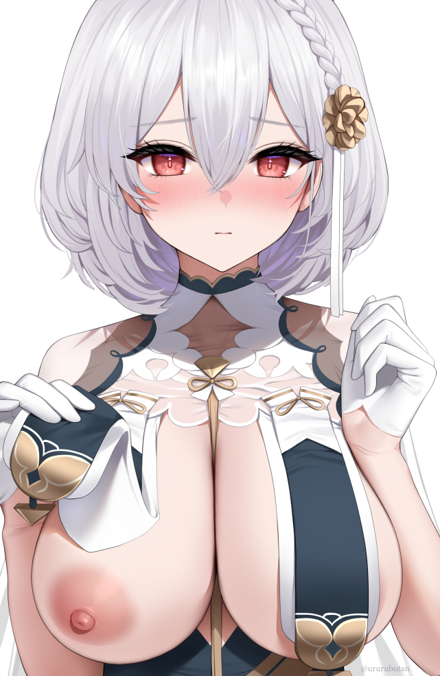 1girls, areola slip, areolae, artist name, azur lane, bangs, between breasts, blush, braid, breast curtains, breasts, cleavage, closed mouth, clothes lift, eyebrows visible through hair, female, flower, gloves, hair flower, hair ornament, kohanayuki, large breasts, lifted by self, light skin, light-skinned female, looking at viewer, nipple slip, nipples, nose blush, official alternate costume, red eyes, royal navy (azur lane), short hair, silver hair, simple background, sirius (azur lane), sirius (azure horizons) (azur lane), sleeveless, solo, twitter username, upper body, white background, white gloves