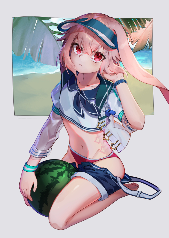 1boy, ansel (arknights), arknights, beach, femboy, girly, male, panties, pink hair, red eyes, shorts, shorts down, swimwear, thighs, undressing, watermelon